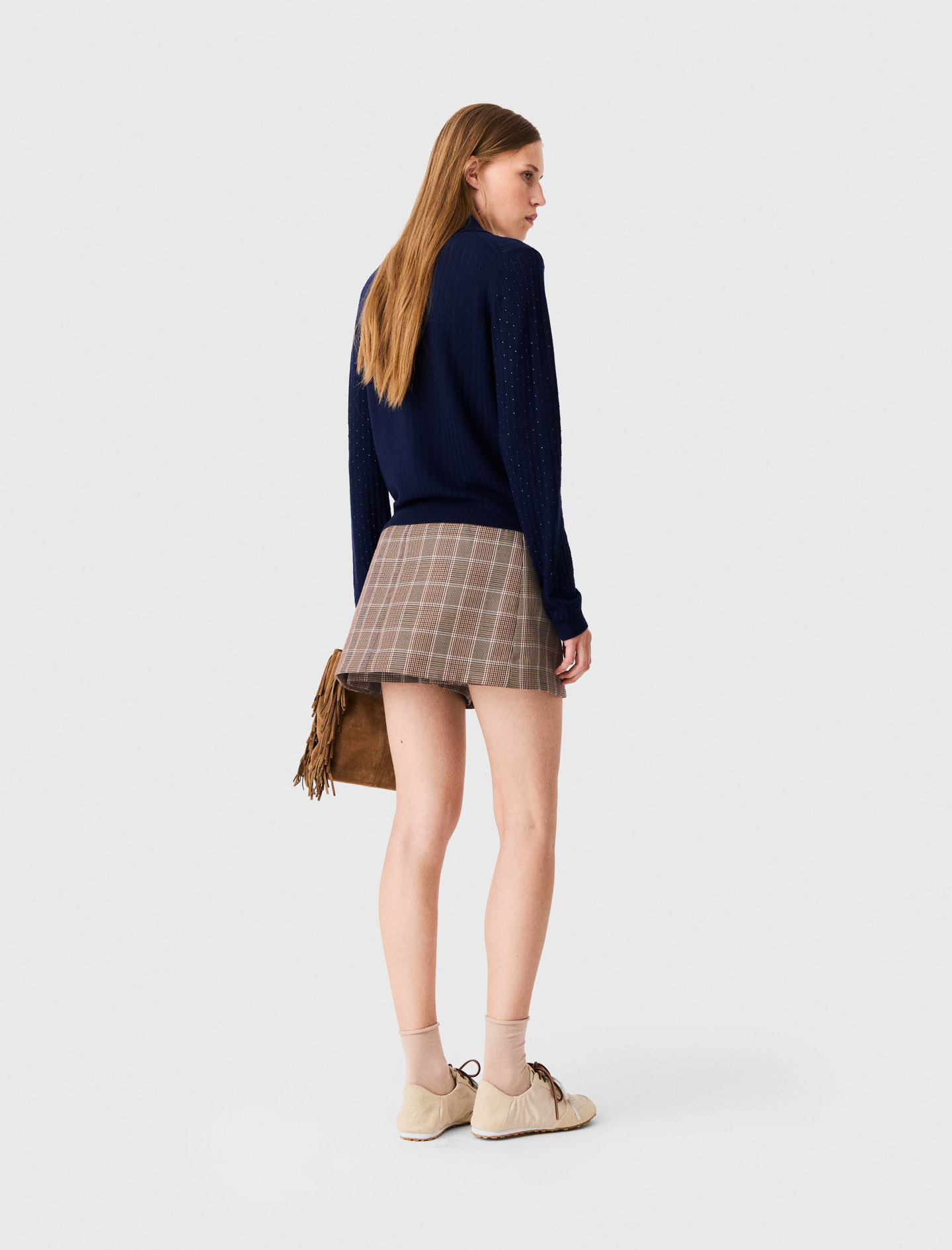 Rhinestone polo collar cardigan - Navy