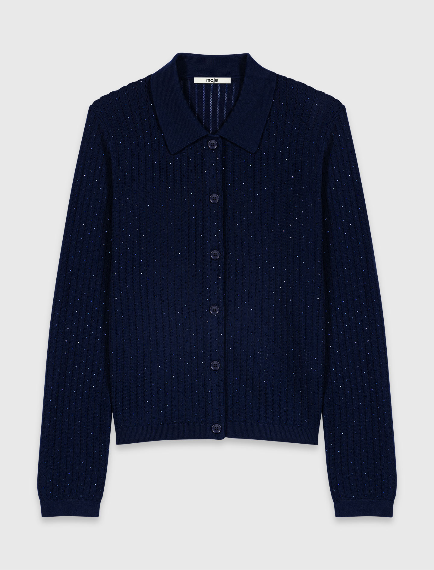 Rhinestone polo collar cardigan - Navy