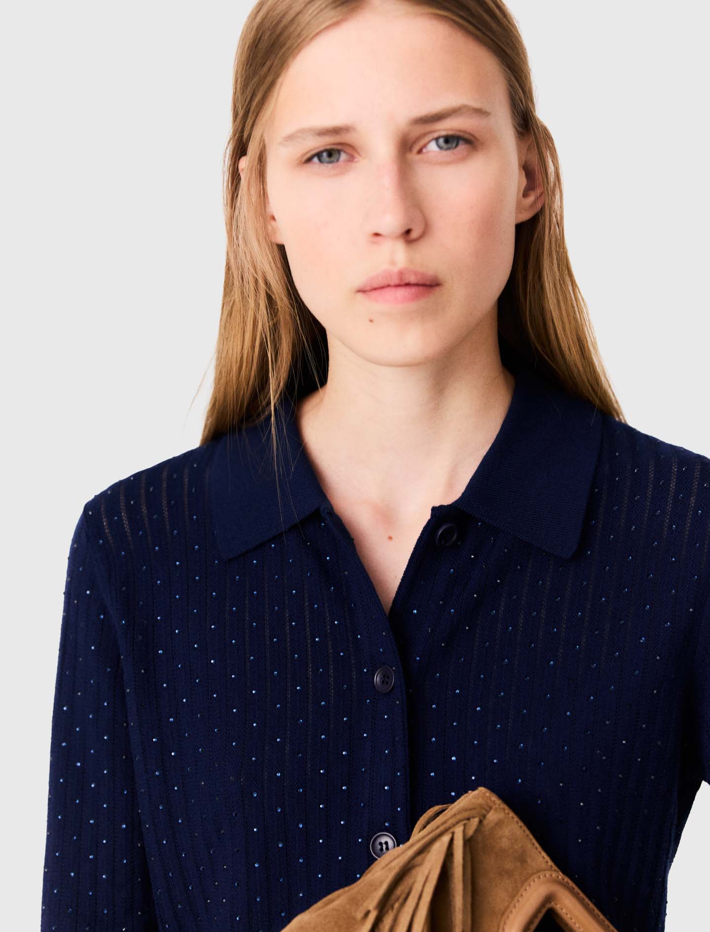 Rhinestone polo collar cardigan - Navy