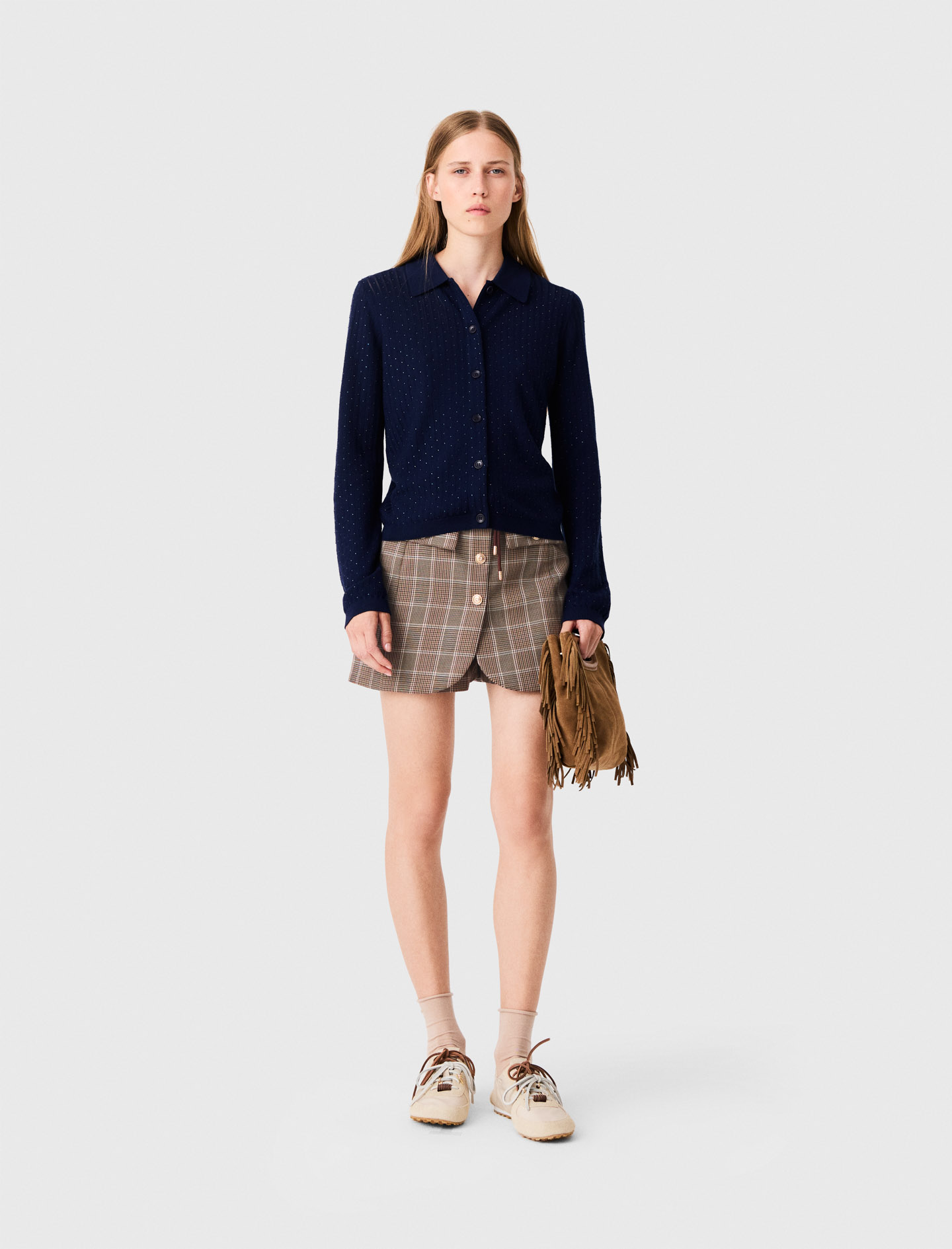 Rhinestone polo collar cardigan - Navy