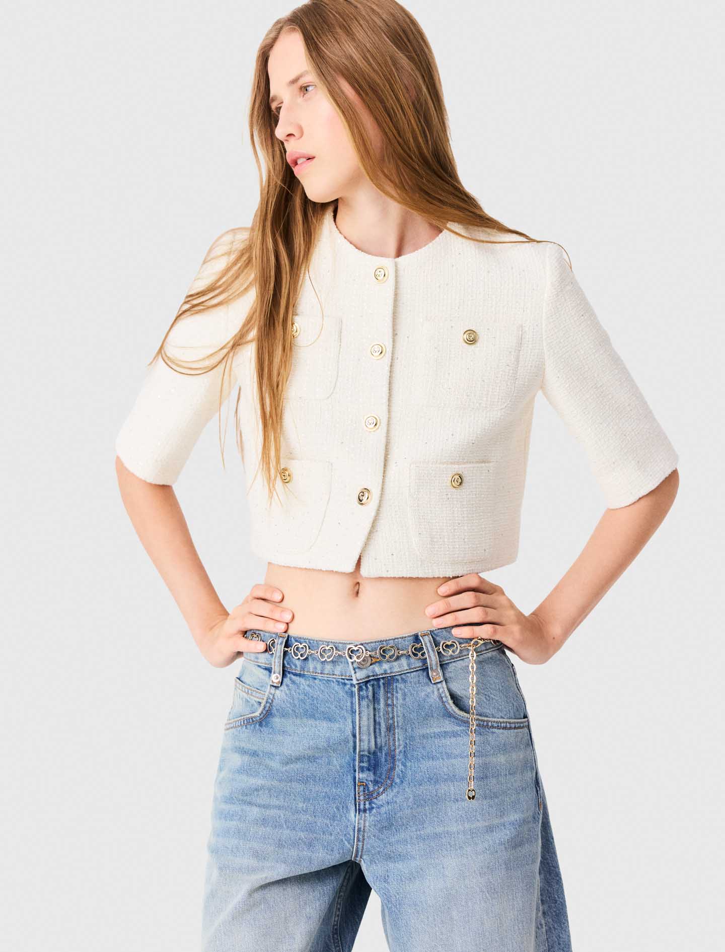 Short-sleeved tweed jacket Ecru | Maje