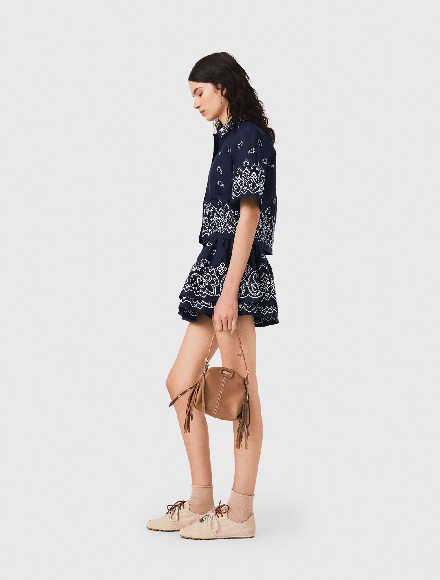 Short embroidered taffeta shirt - Navy