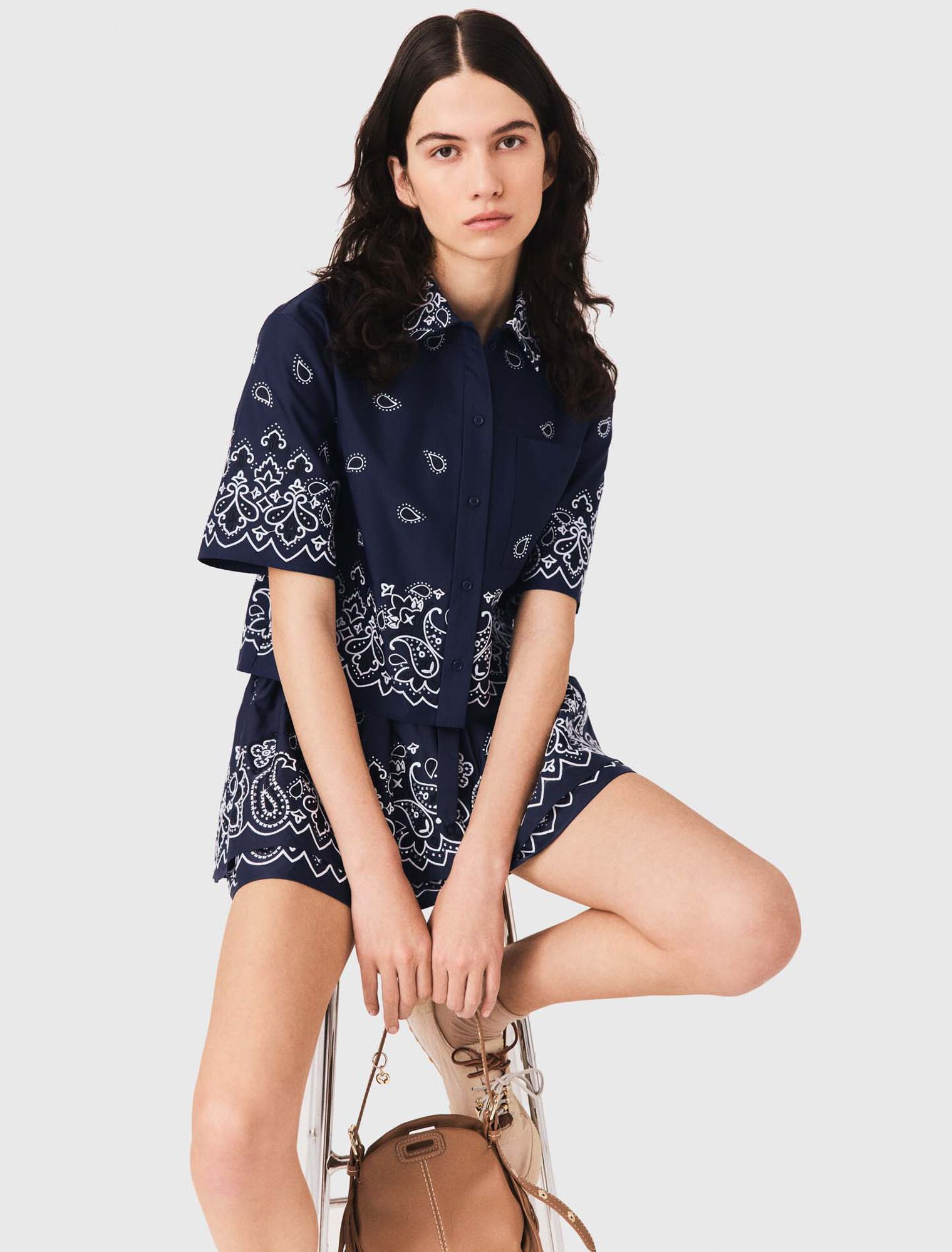Short embroidered taffeta shirt - Navy