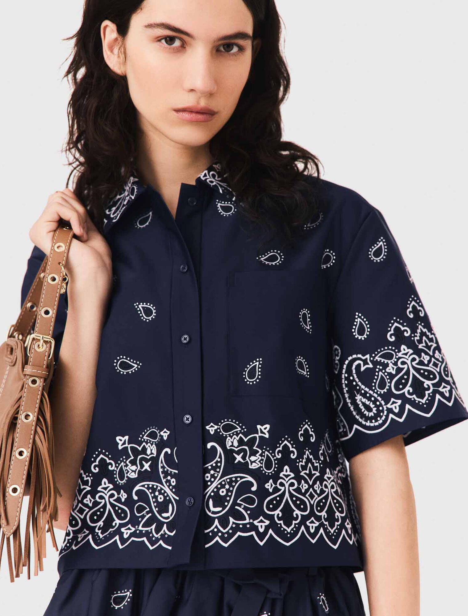 Short embroidered taffeta shirt - Navy