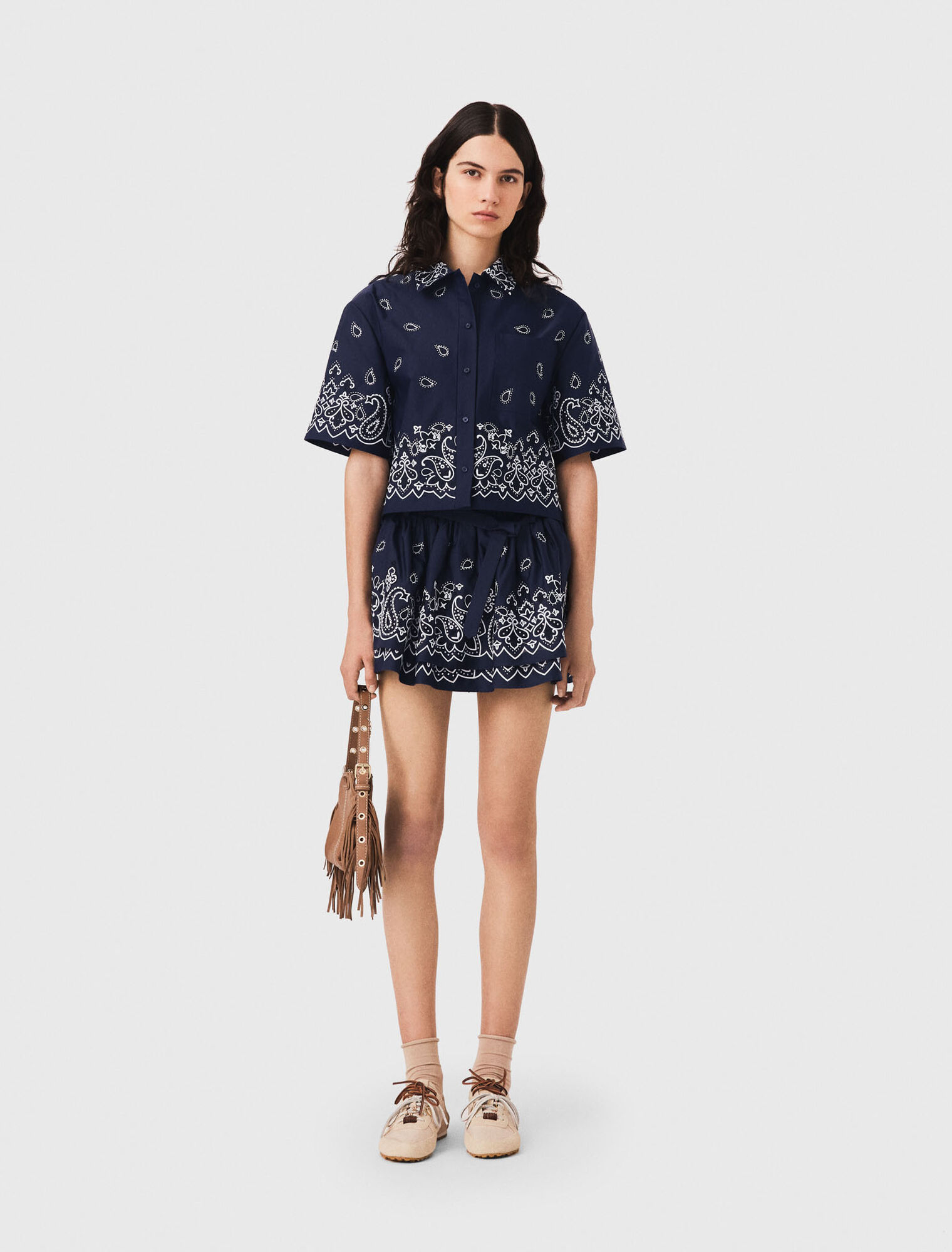 Short embroidered taffeta shirt - Navy