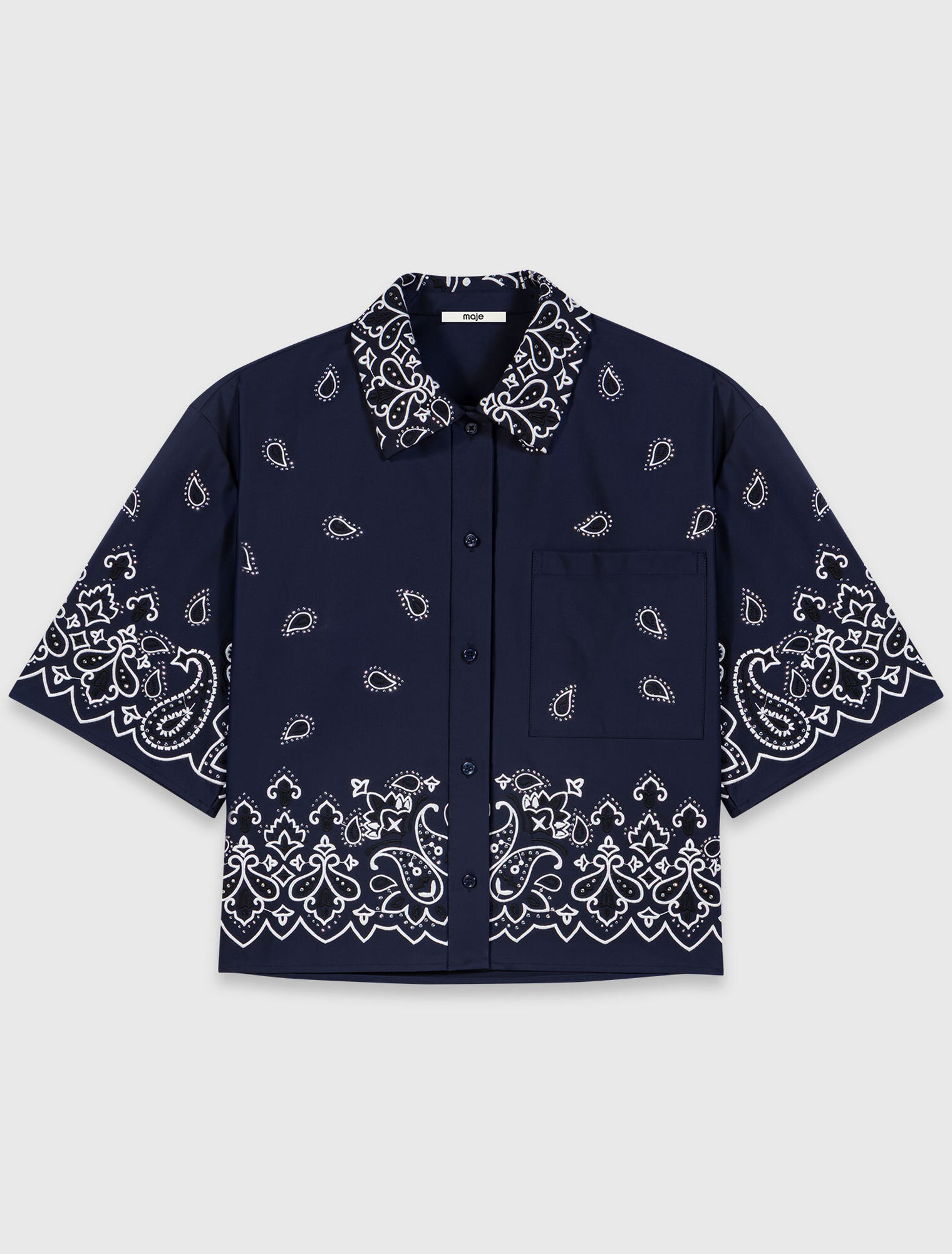 Short embroidered taffeta shirt - Navy