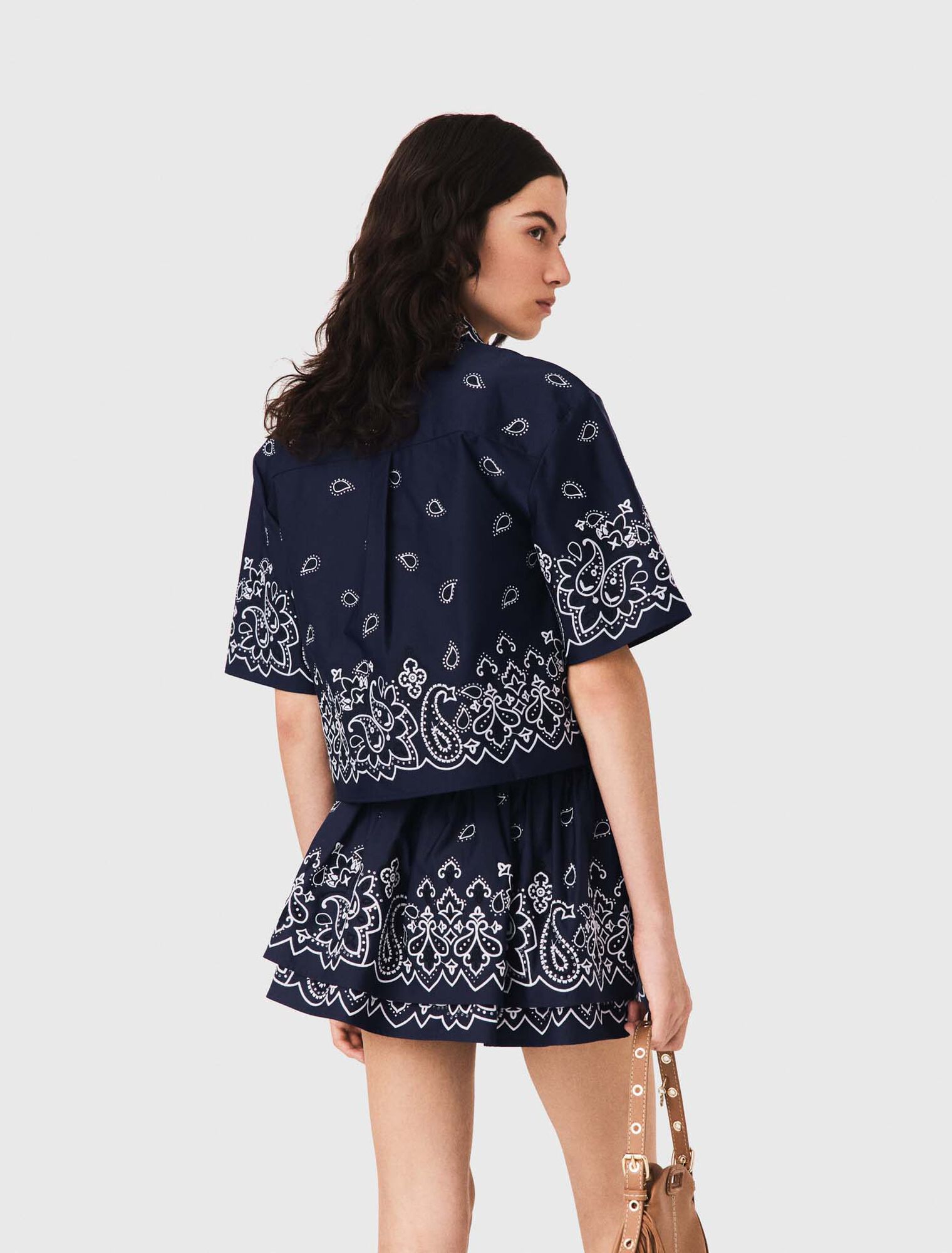 Short embroidered taffeta shirt - Navy