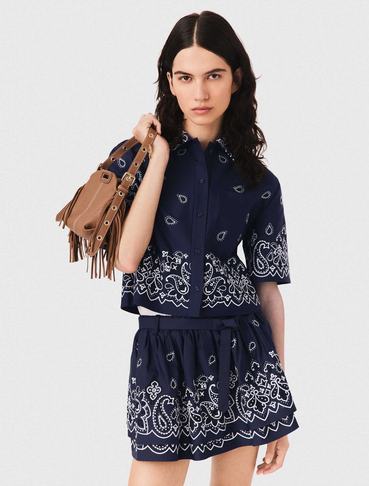 Short embroidered taffeta shirt - Navy