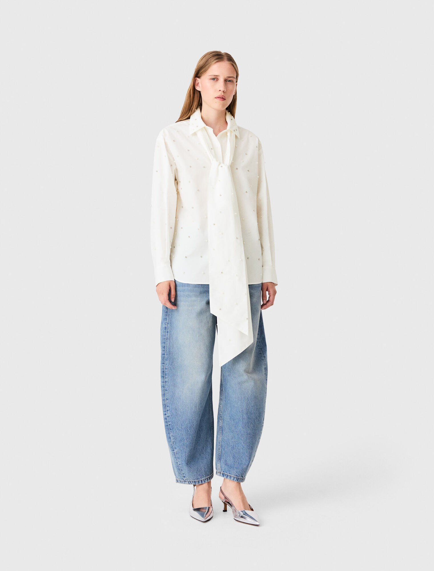 Rhinestone shirt with tie - White