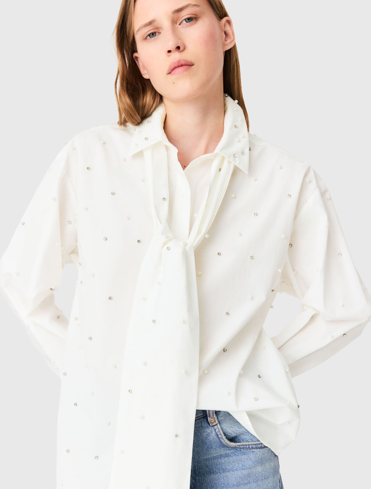 Rhinestone shirt with tie - White