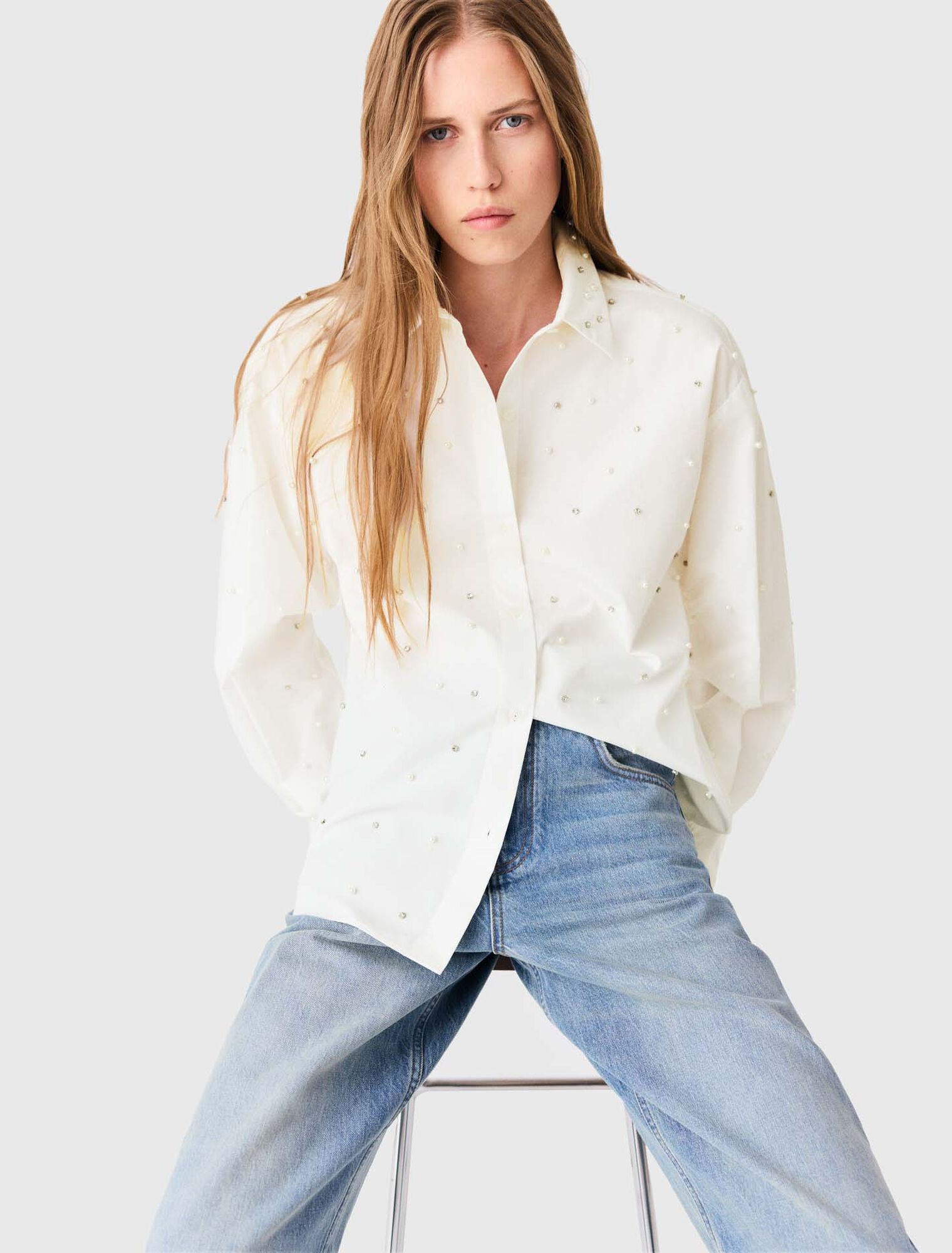 Rhinestone shirt with tie - White