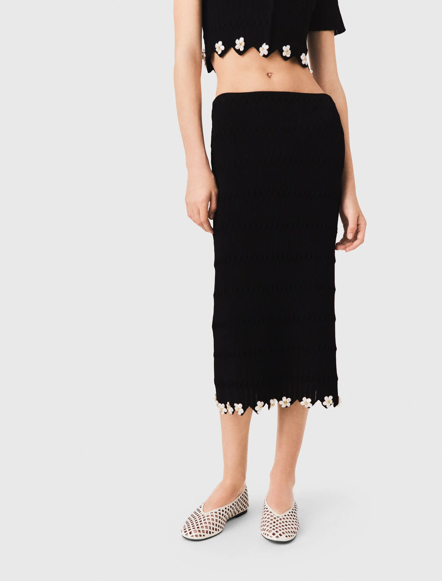 Knit skirt with jewelled flowers - Black