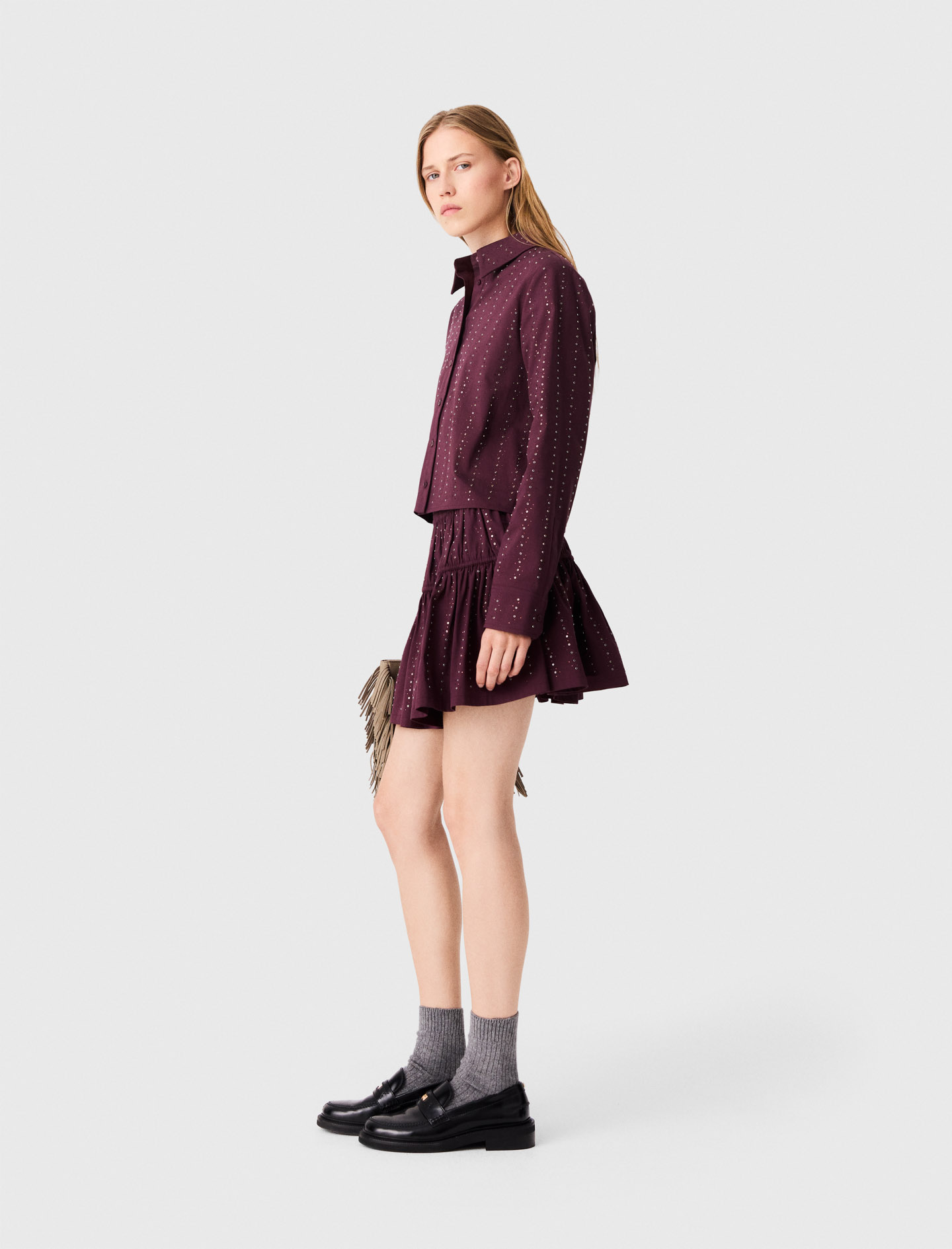 Short rhinestone cotton skirt - Bordeaux