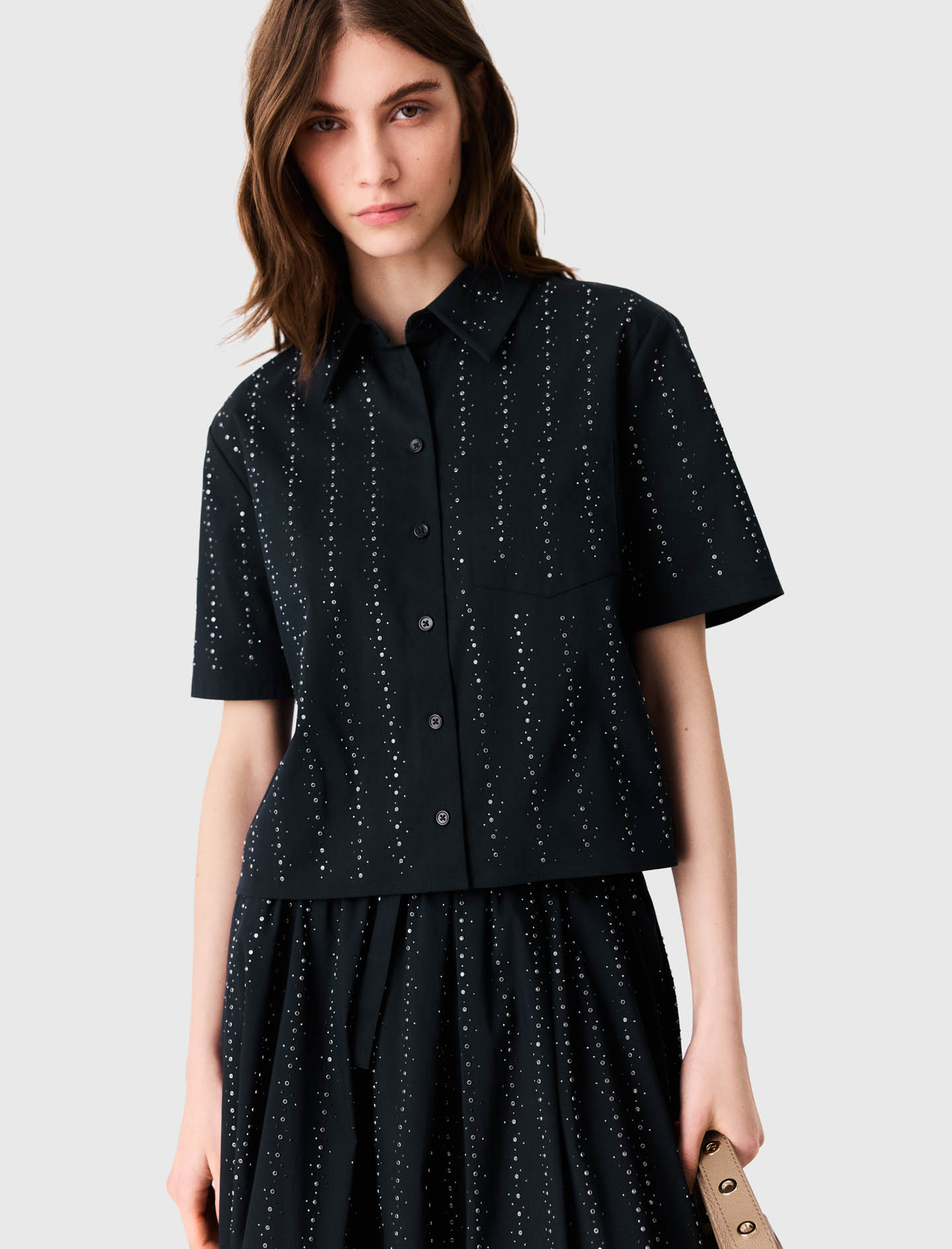 Cropped rhinestone cotton shirt - Navy