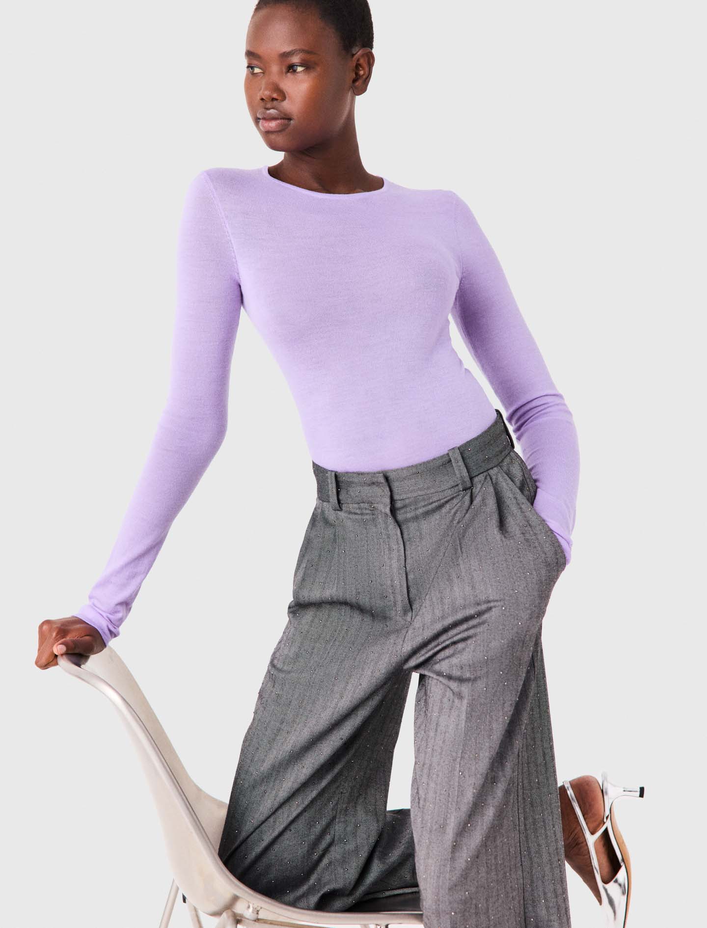 Second-skin round neck jumper - Mauve