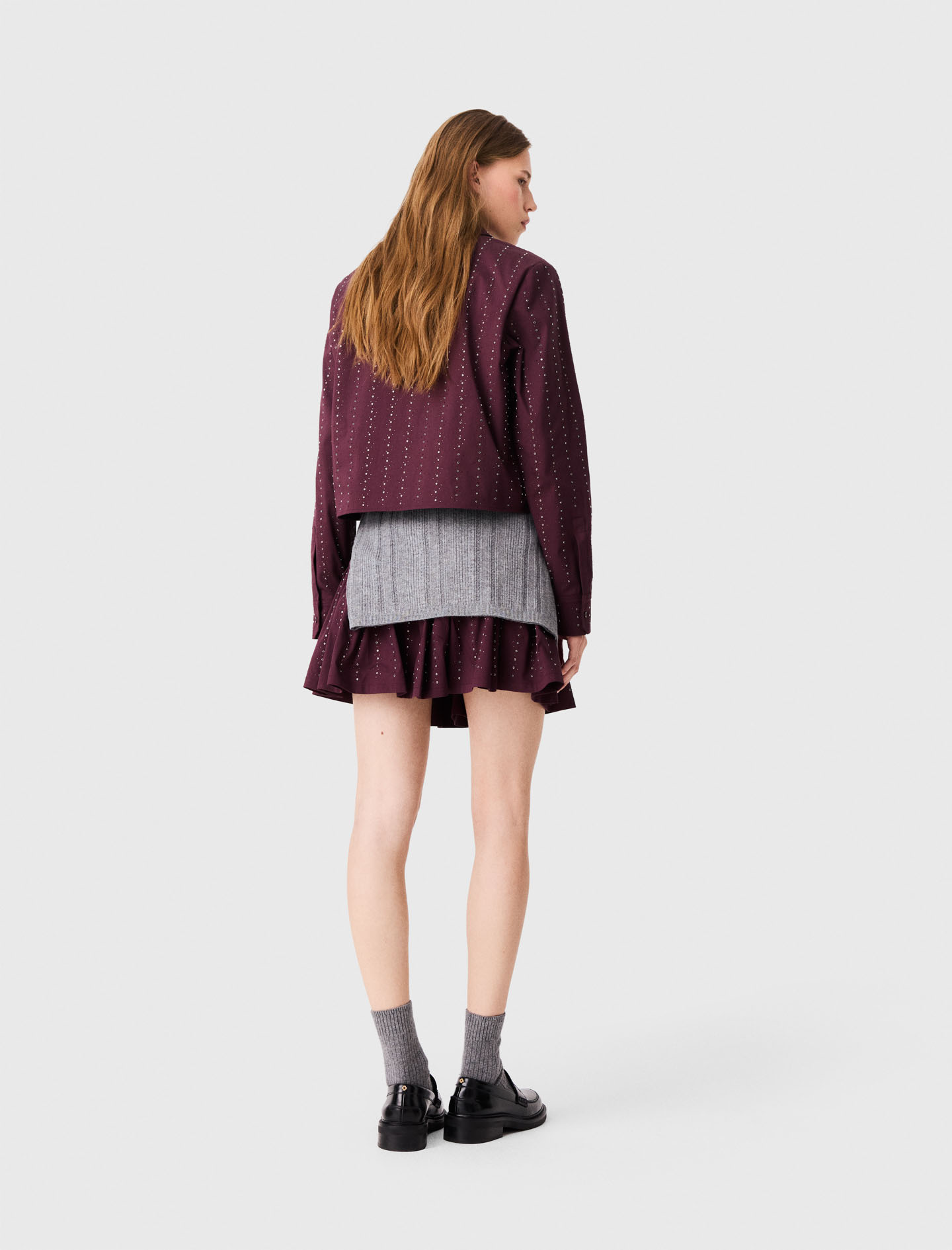 Cropped rhinestone cotton shirt - Bordeaux