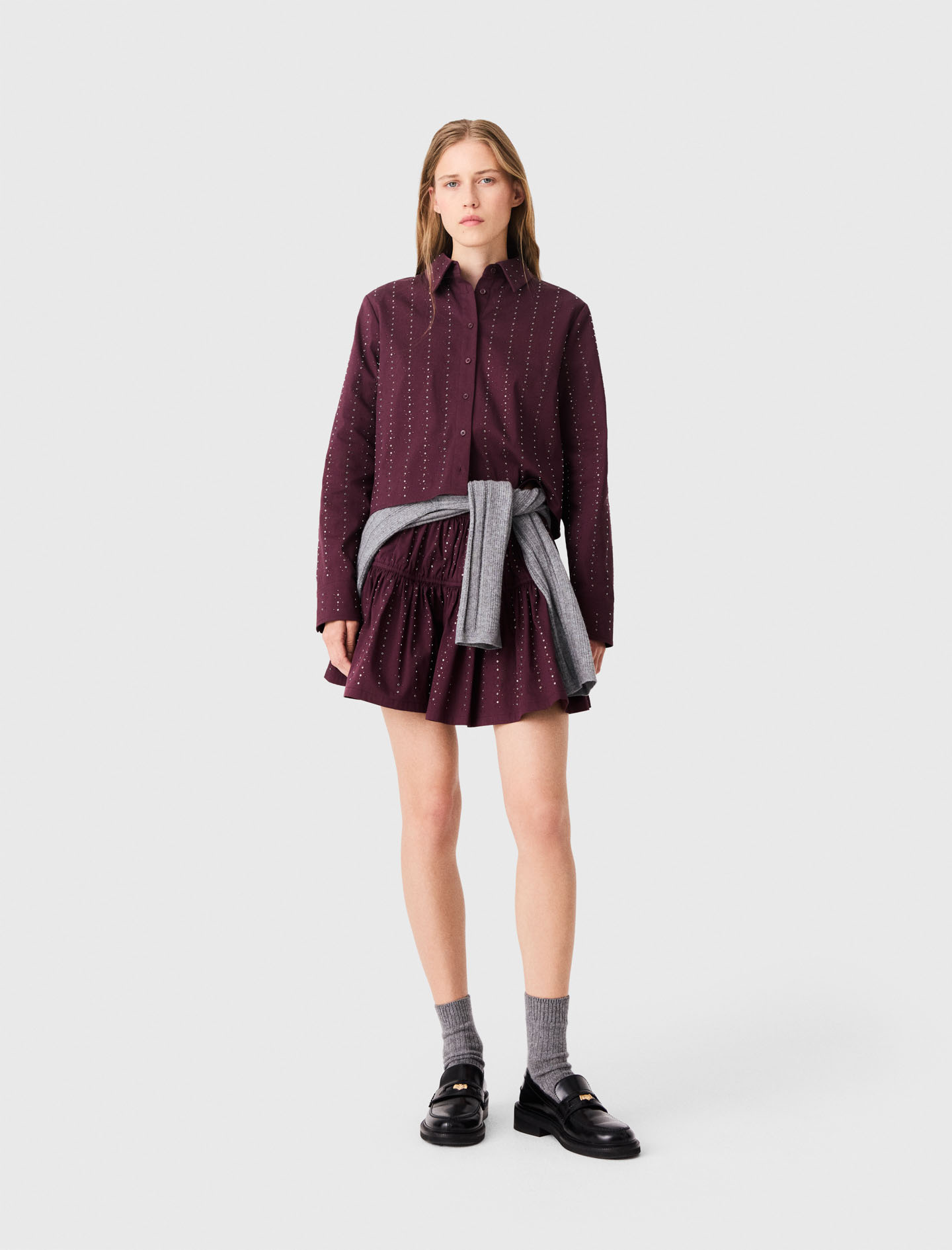 Cropped rhinestone cotton shirt - Bordeaux