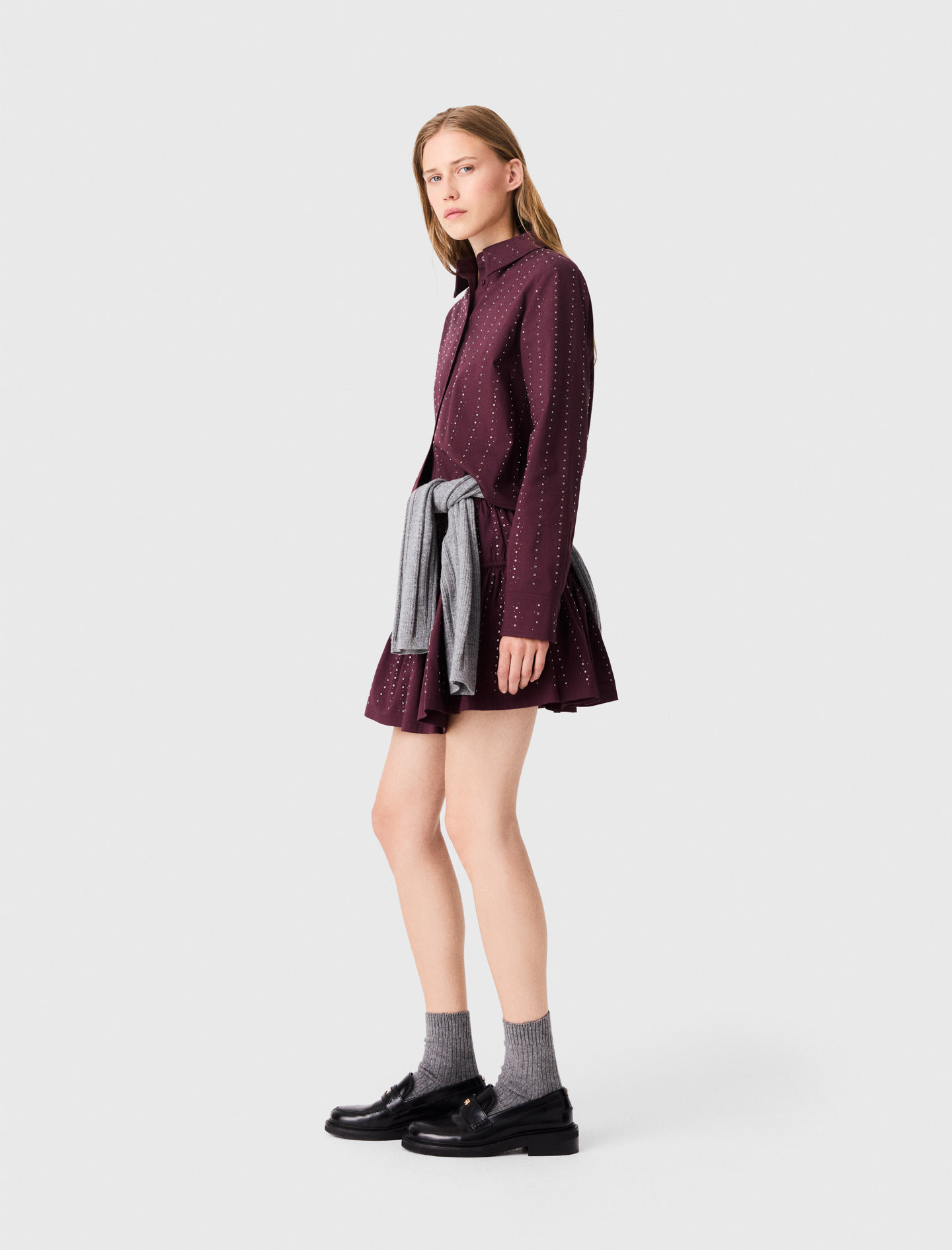 Cropped rhinestone cotton shirt - Bordeaux