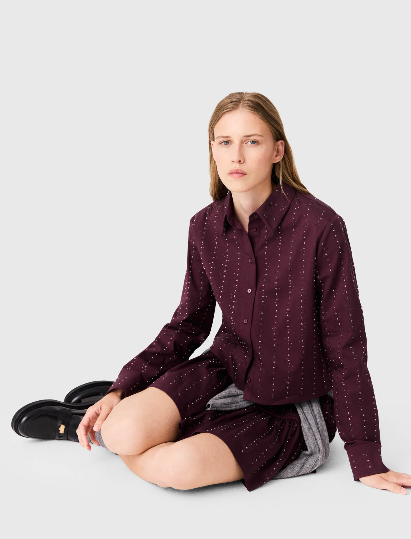Cropped rhinestone cotton shirt - Bordeaux
