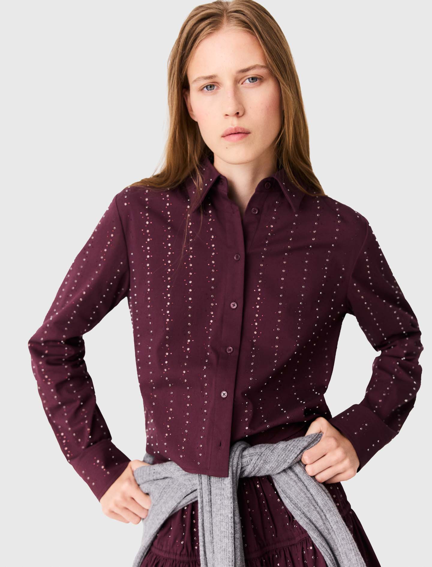 Cropped rhinestone cotton shirt - Bordeaux