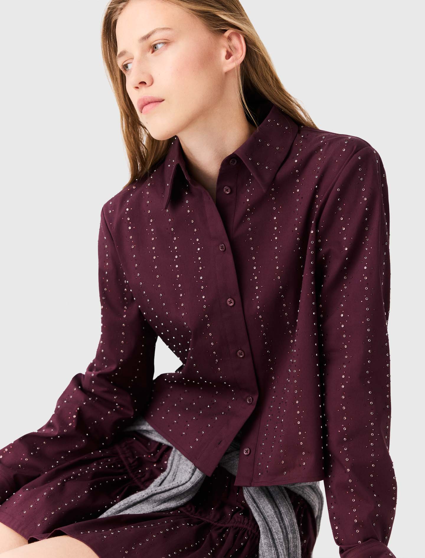 Cropped rhinestone cotton shirt - Bordeaux