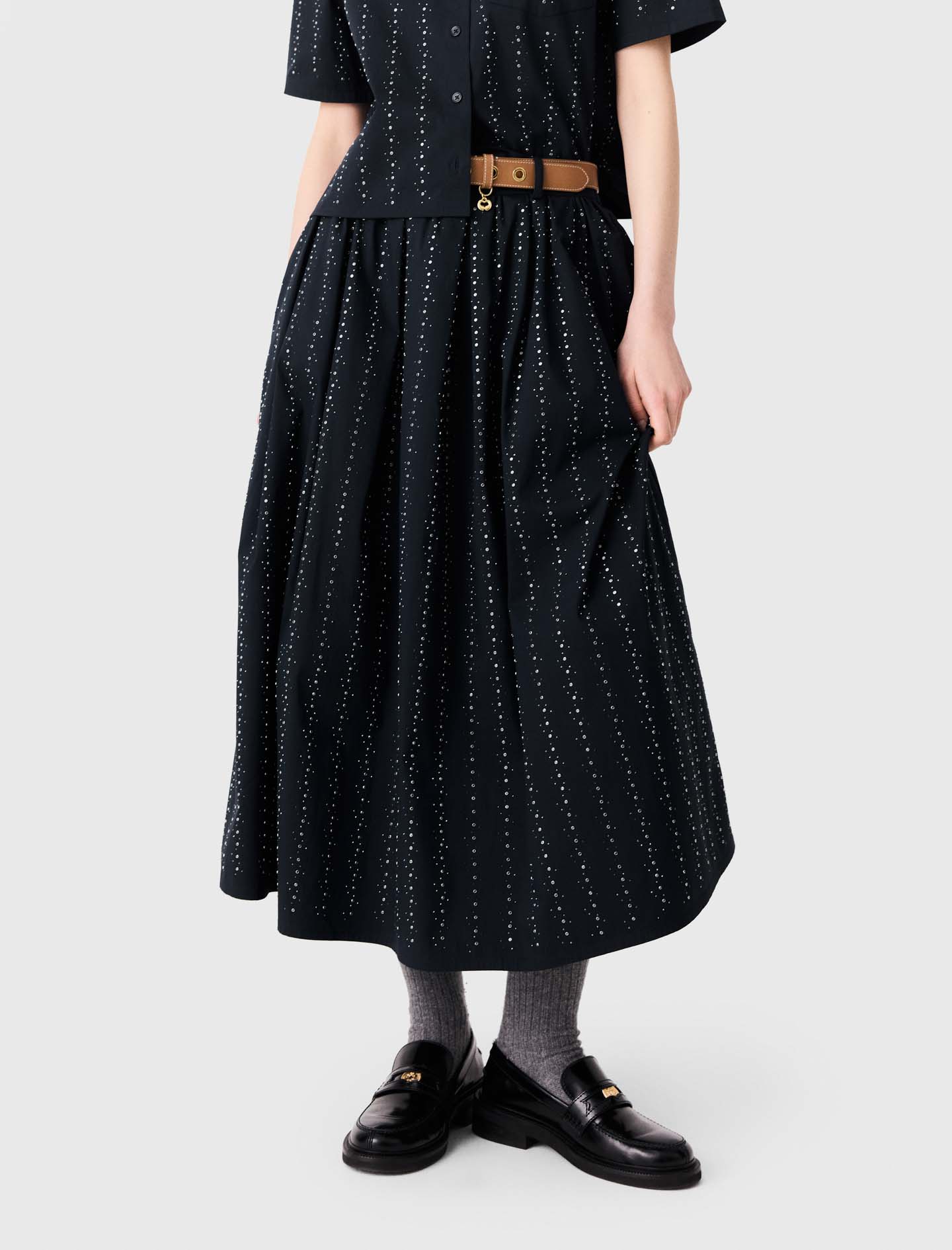 Long rhinestone cotton skirt - Navy