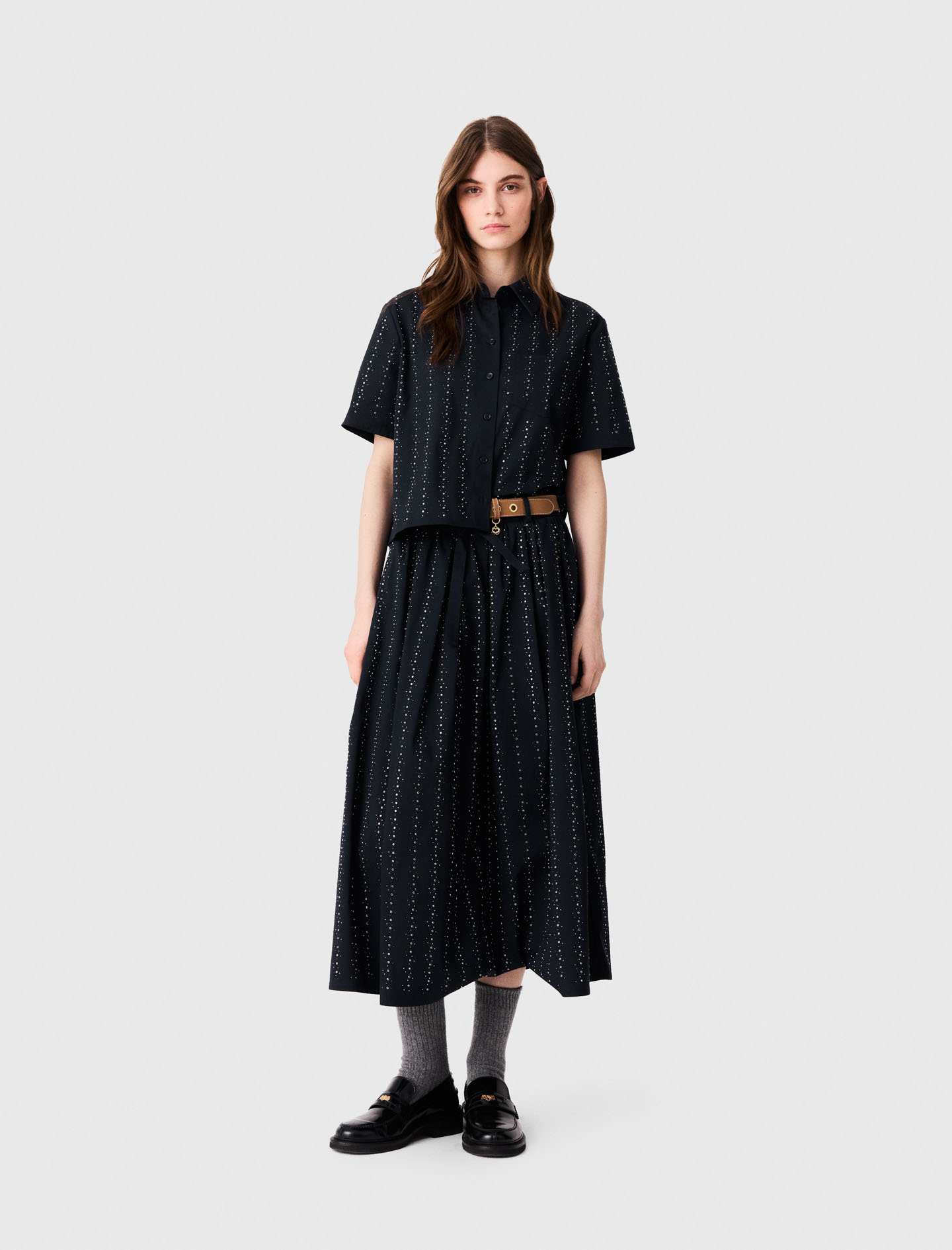 Long rhinestone cotton skirt - Navy