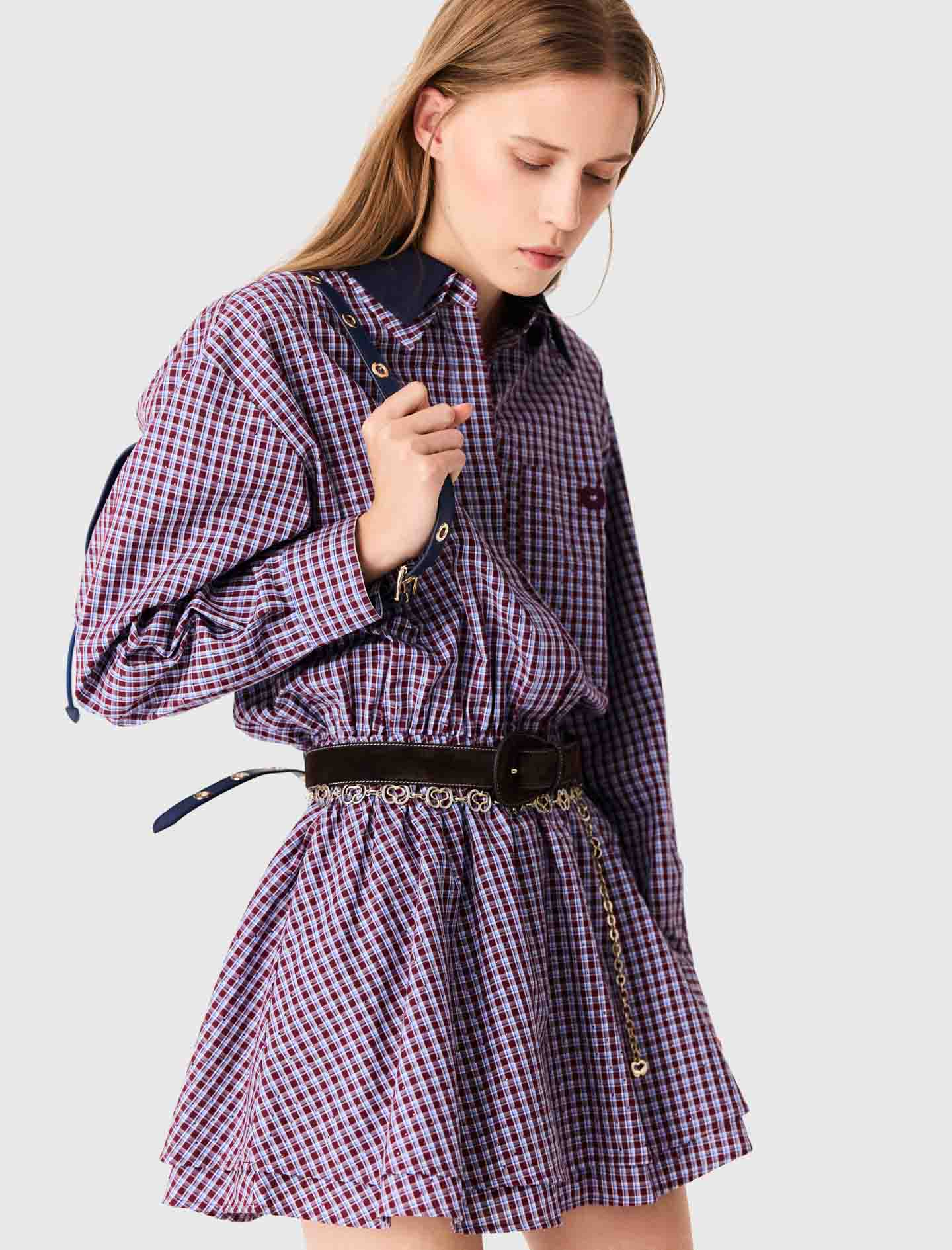 Short rhinestone checked dress - Bordeaux