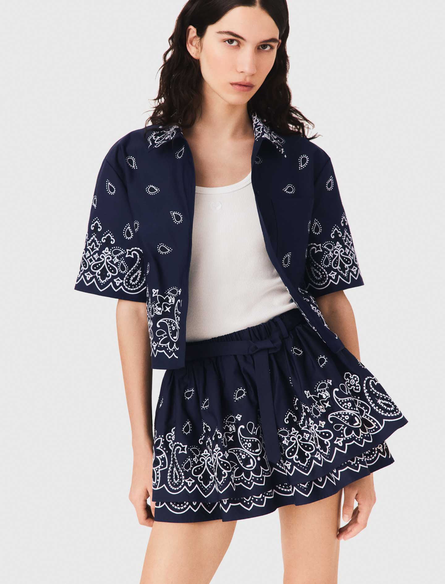 Short embroidered ruffled skirt - Navy