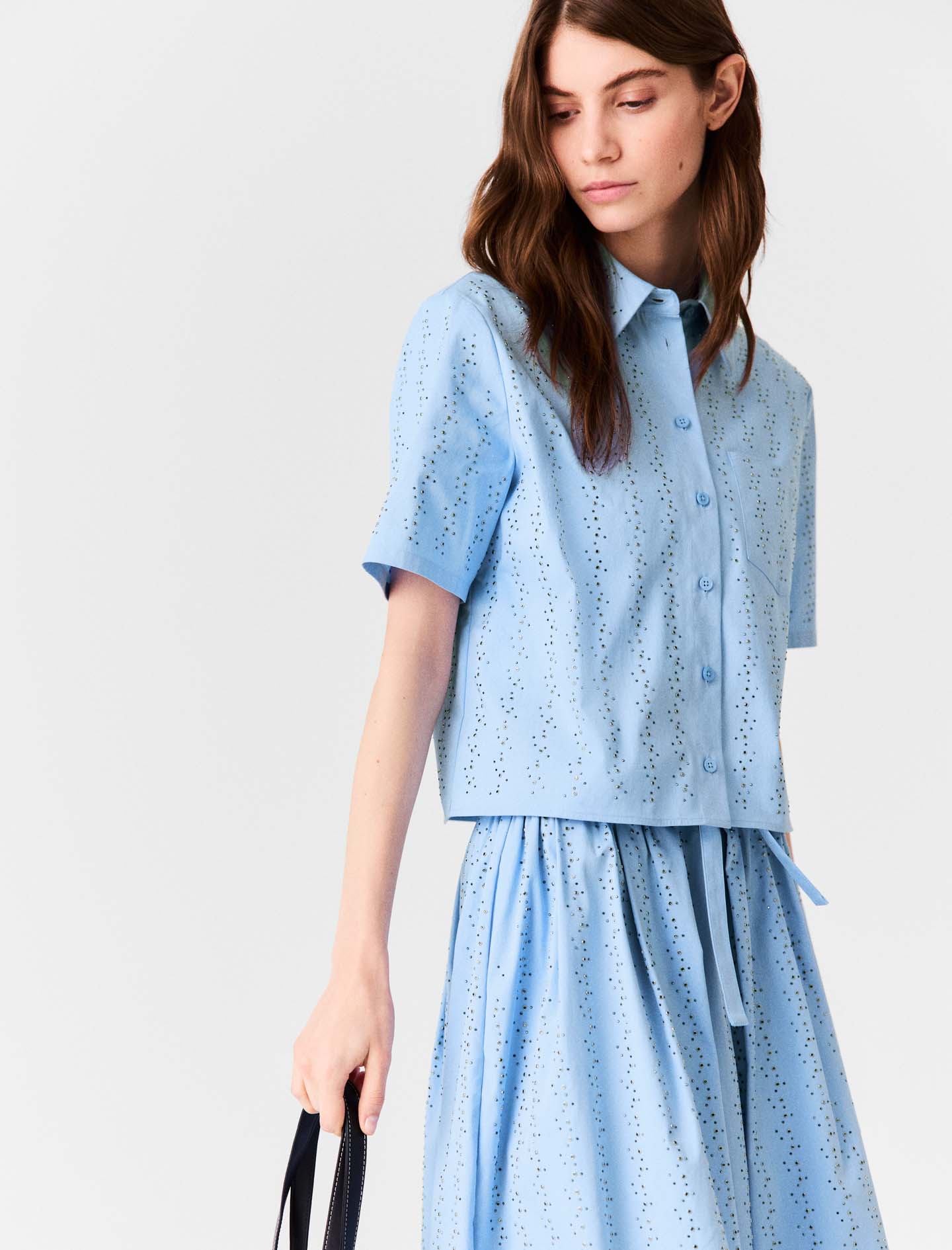 Cropped rhinestone cotton shirt - Blue