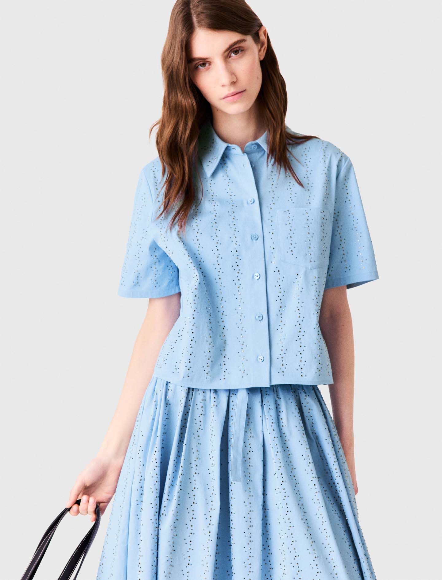 Cropped rhinestone cotton shirt - Blue