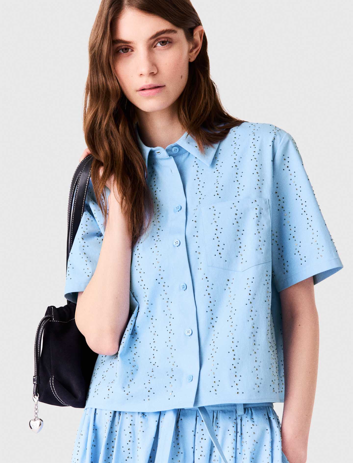 Cropped rhinestone cotton shirt - Blue