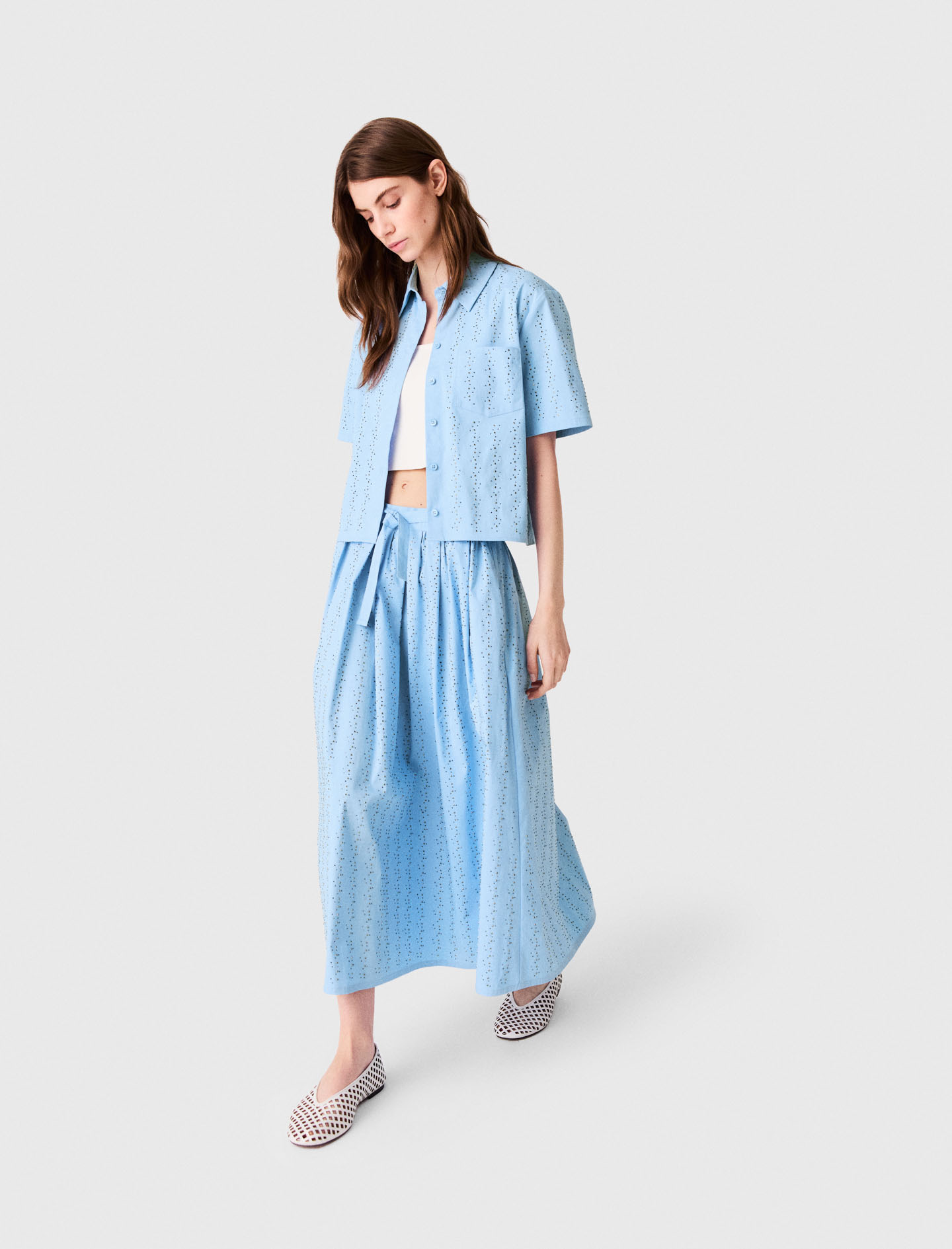 Long rhinestone cotton skirt - Blue