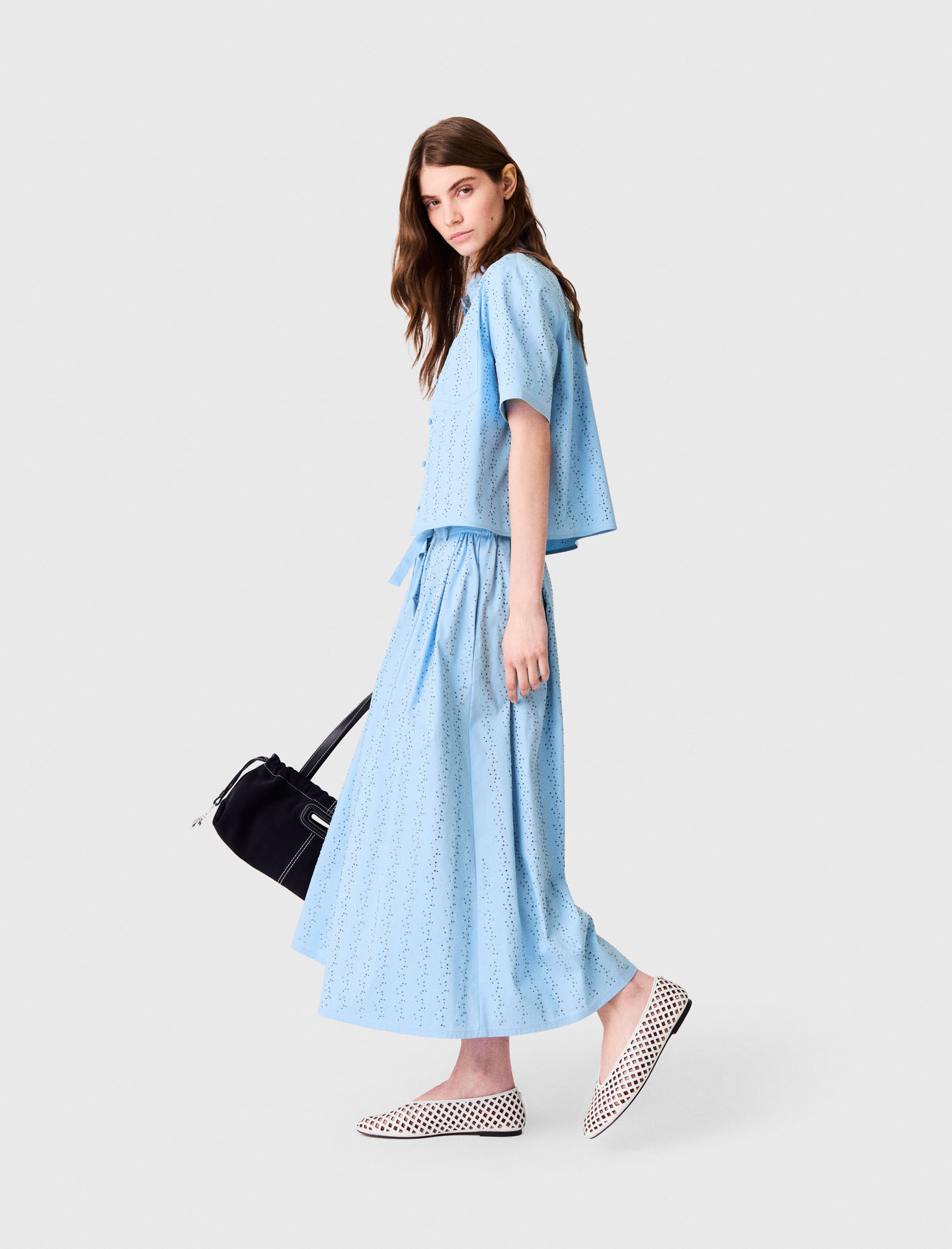 Long rhinestone cotton skirt - Blue