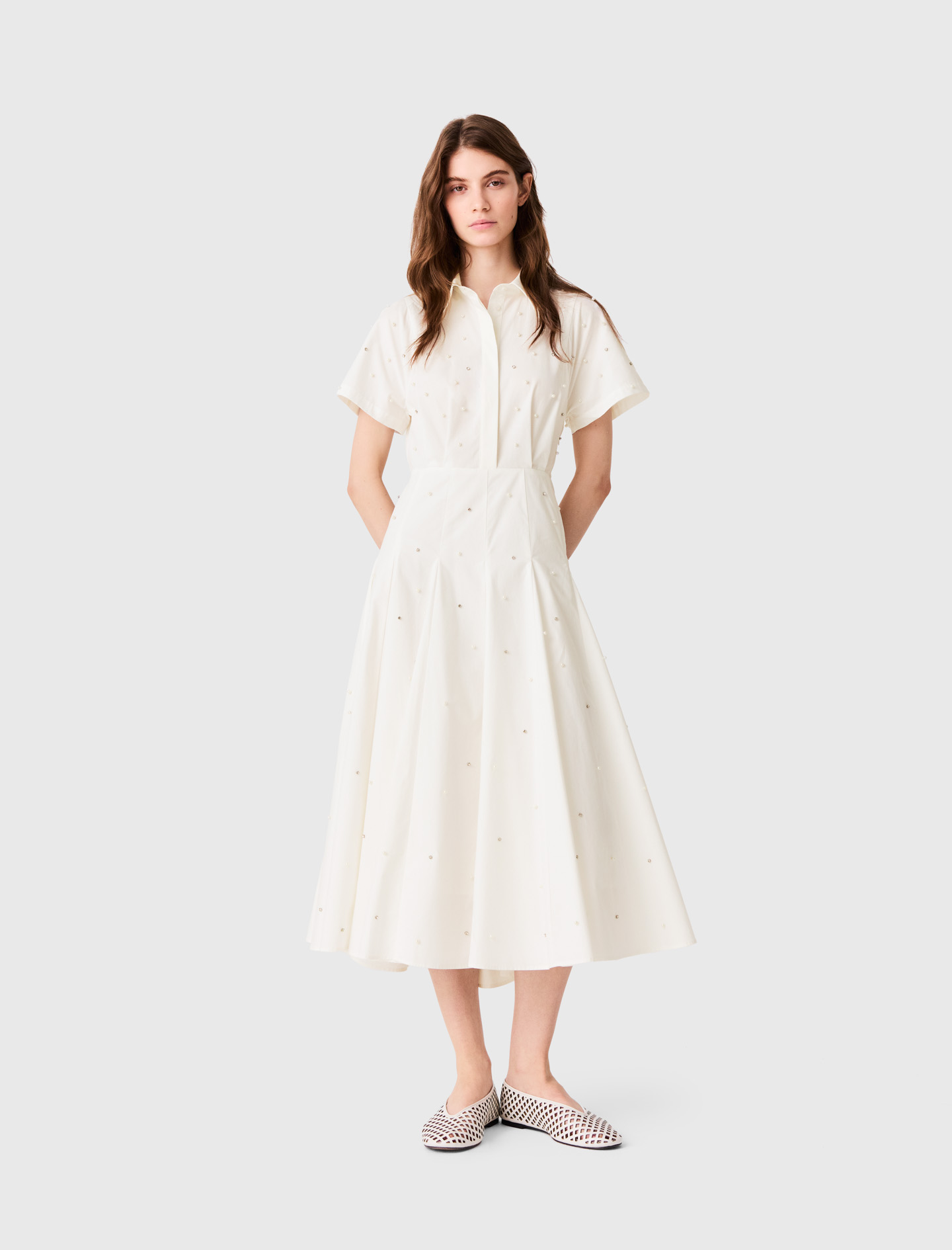 Beaded and rhinestone shirt dress - White