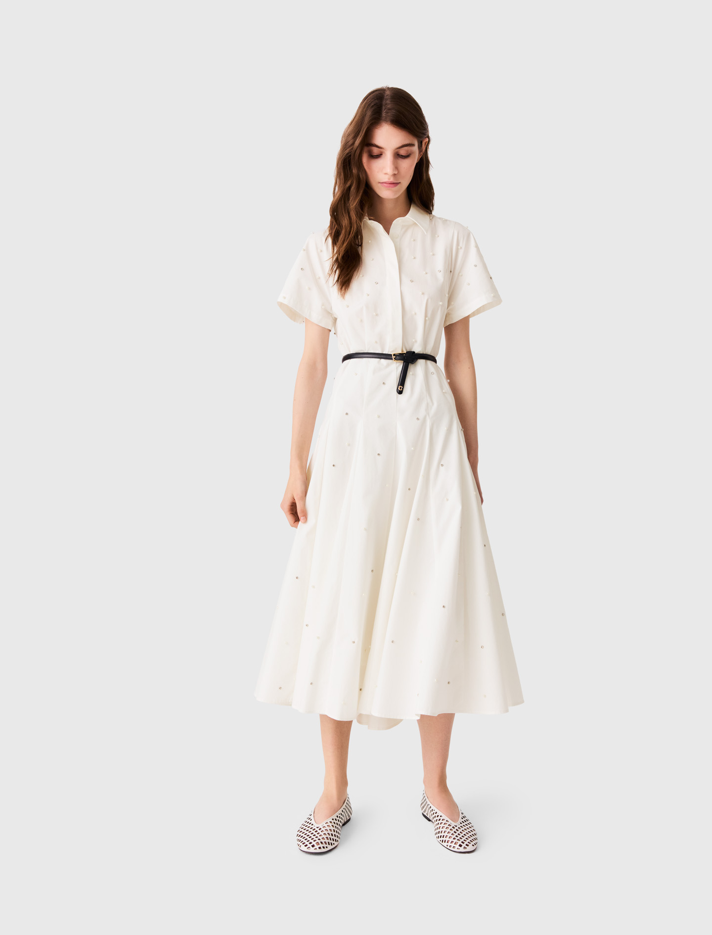 Beaded and rhinestone shirt dress - White