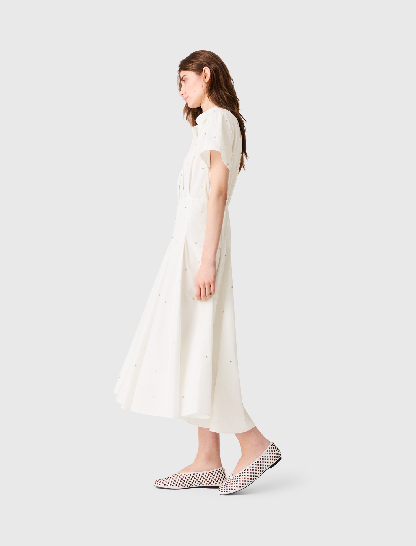 Beaded and rhinestone shirt dress - White