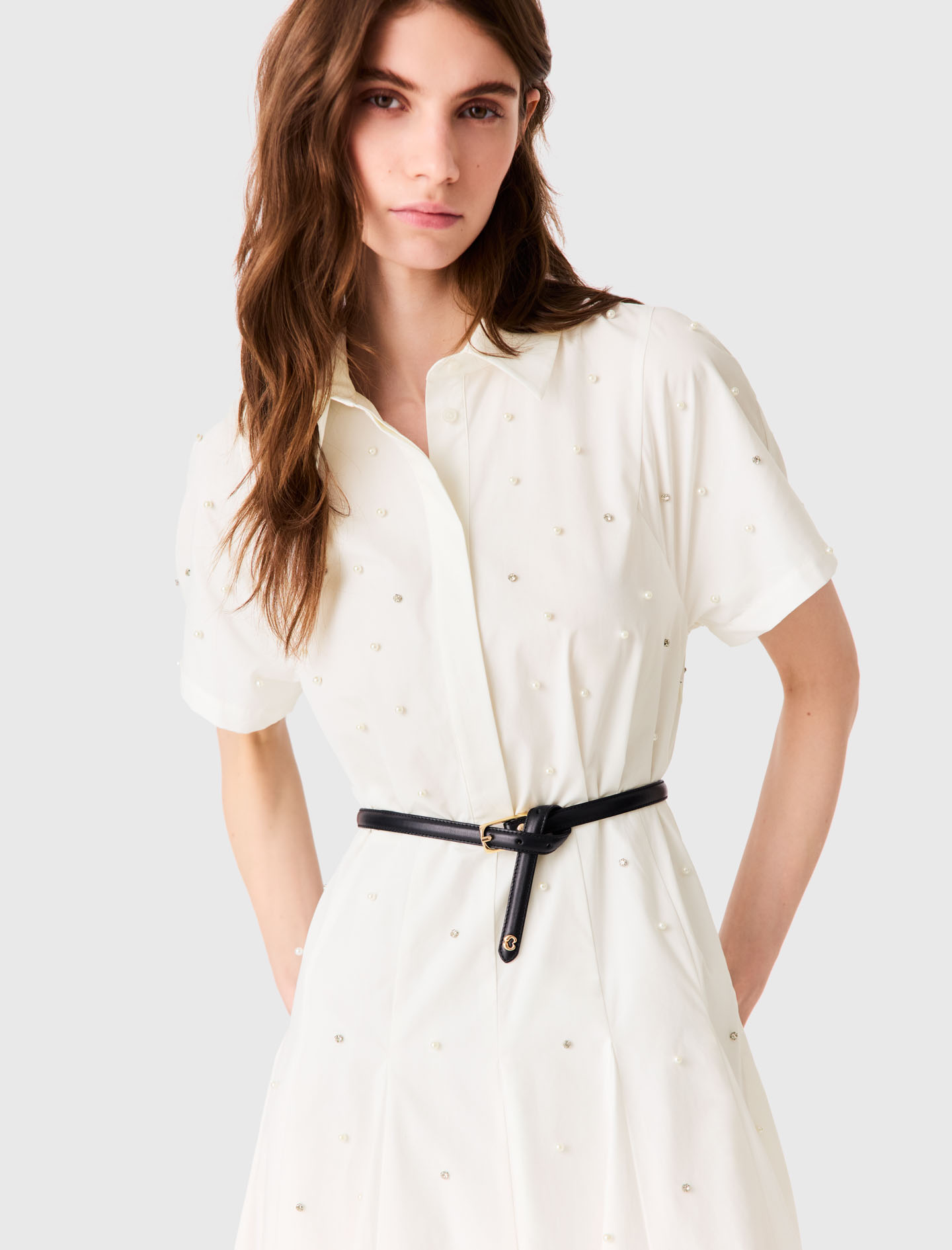 Beaded and rhinestone shirt dress - White