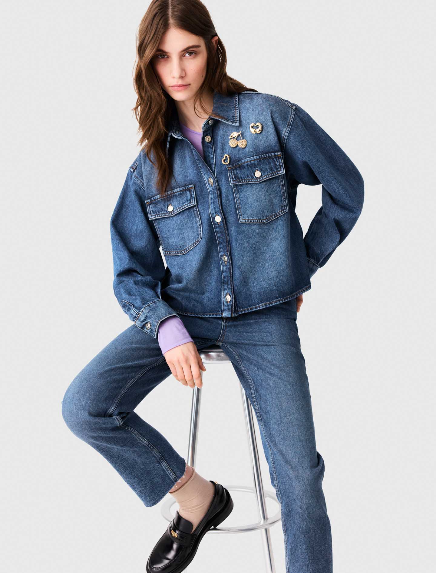 Denim shirt with brooches - Blue