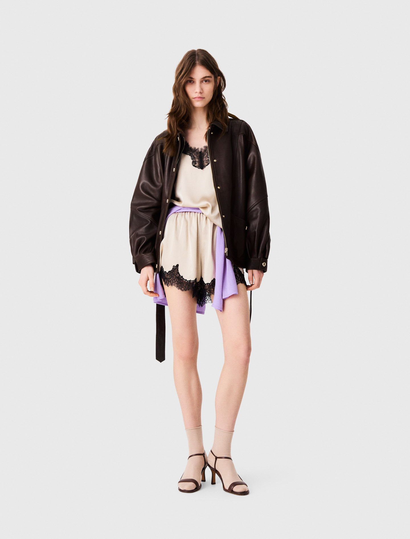 Satin shorts with lace details - Beige