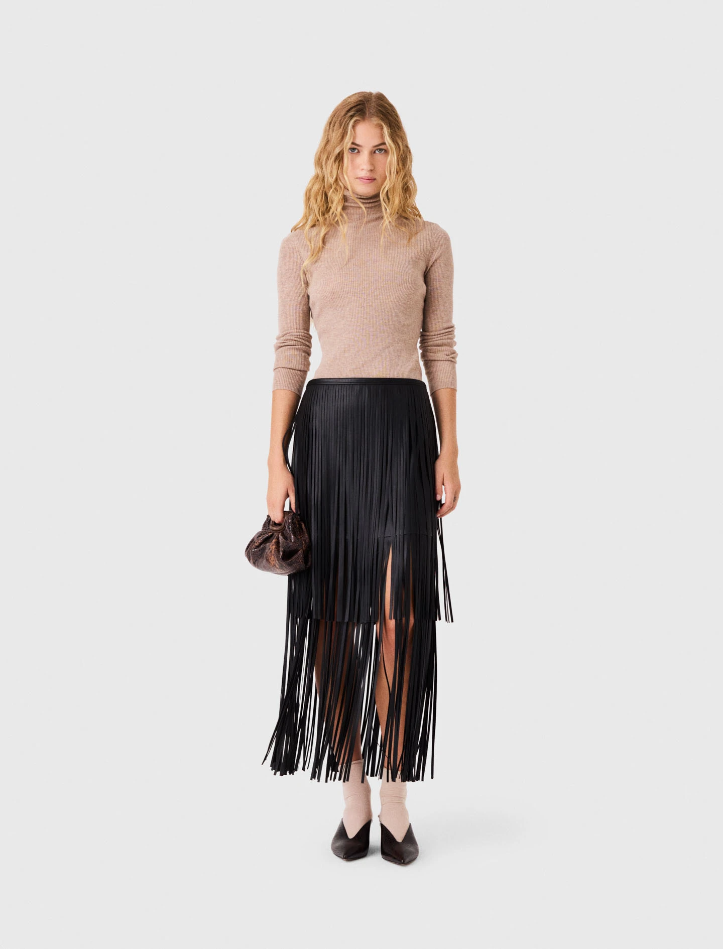 Fringed faux leather skirt - Black