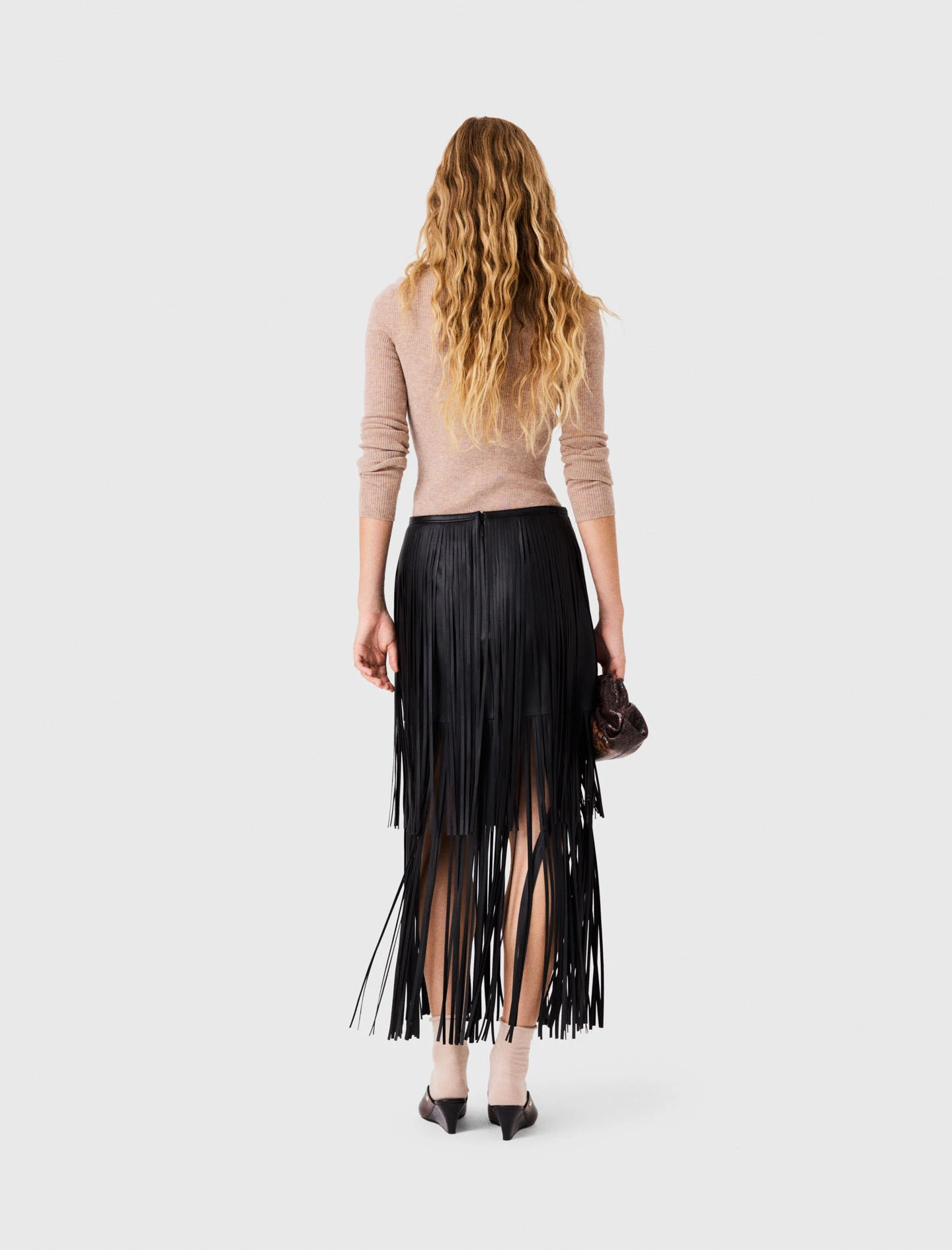 Fringed faux leather skirt - Black