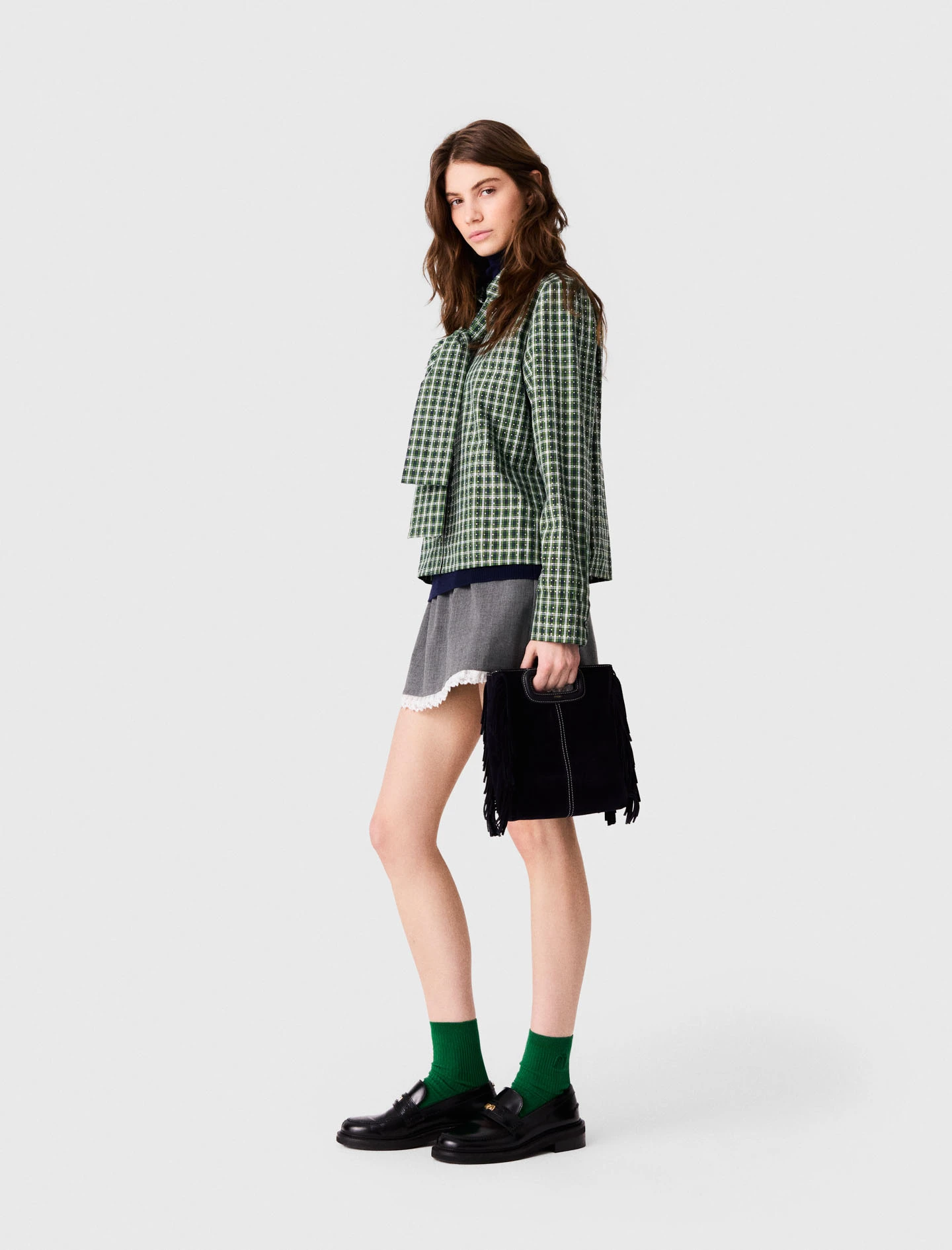 Rhinestone shirt with tie - Green