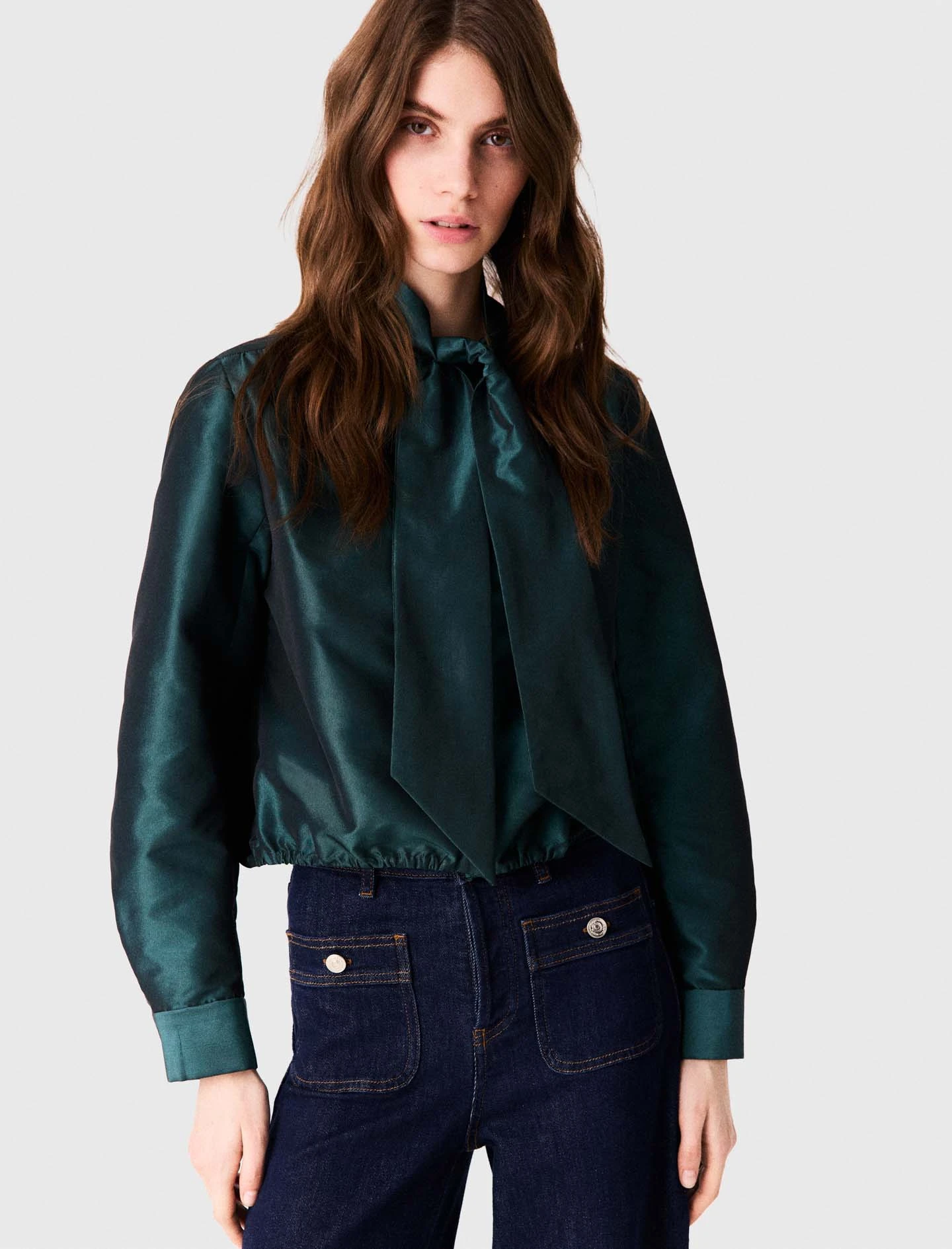Satin pussy bow shirt - Green