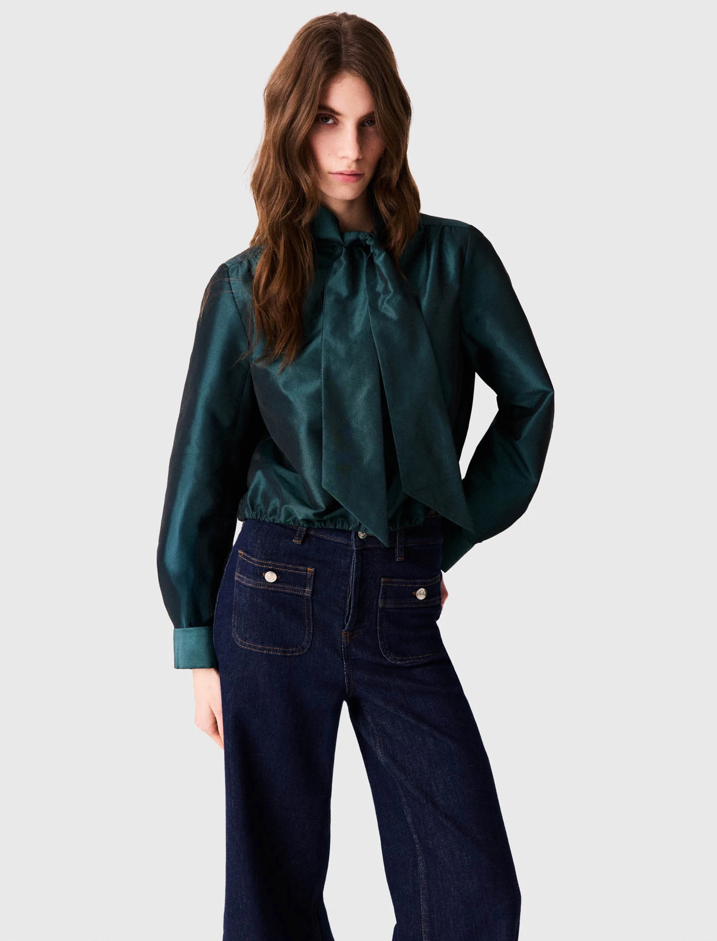 Satin pussy bow shirt - Green