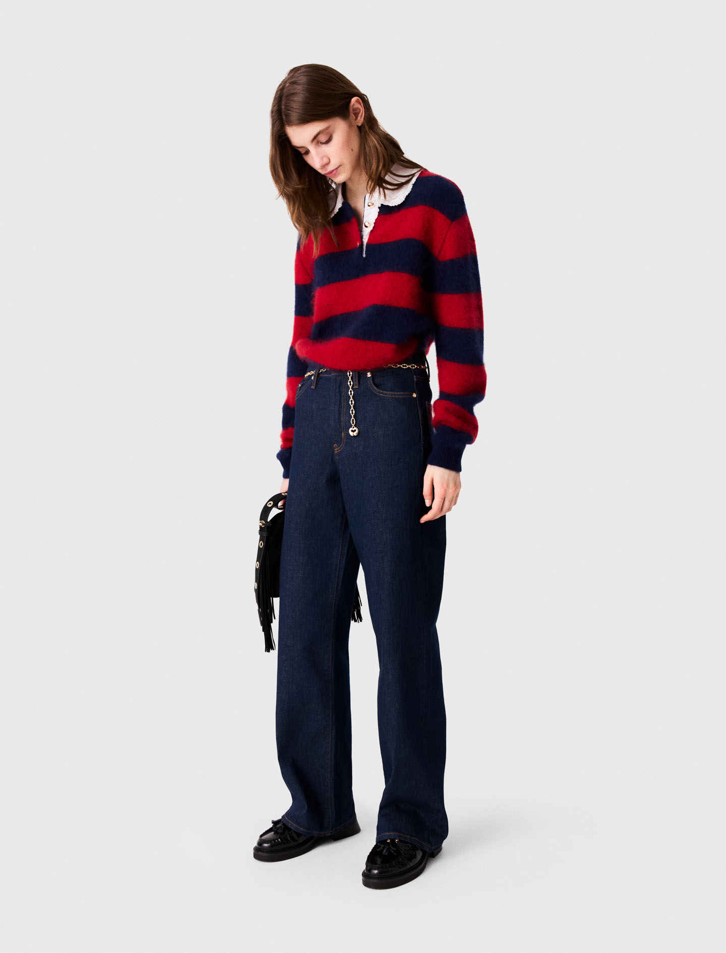 Wide-leg jeans with chain-link belt - Navy
