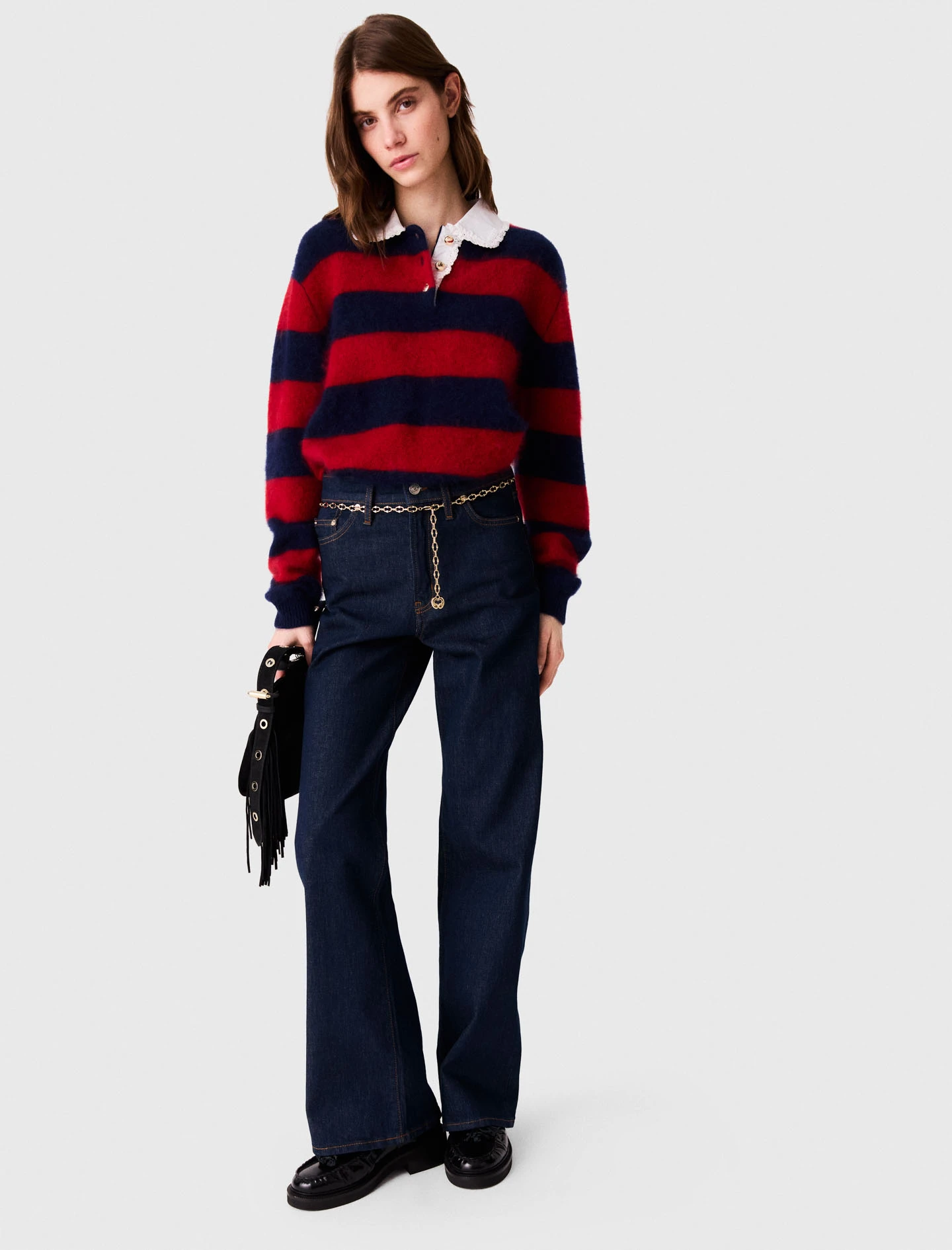 Wide-leg jeans with chain-link belt - Navy