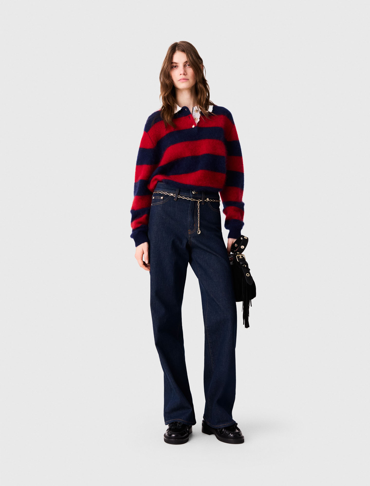 Wide-leg jeans with chain-link belt - Navy