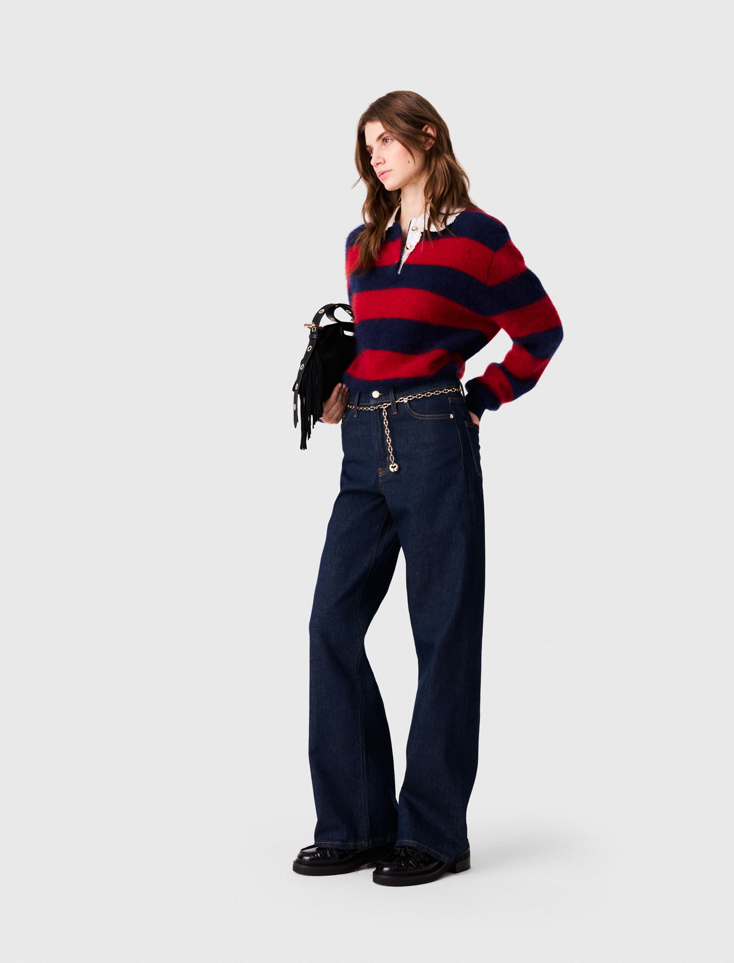 Wide-leg jeans with chain-link belt - Navy