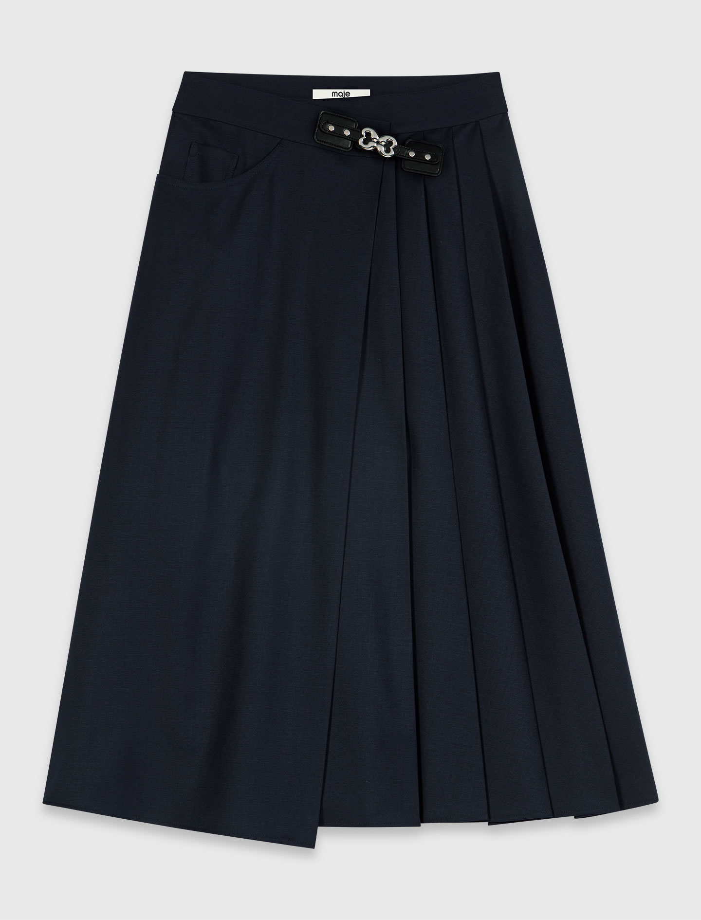 Long pleated skirt with buckle - Navy